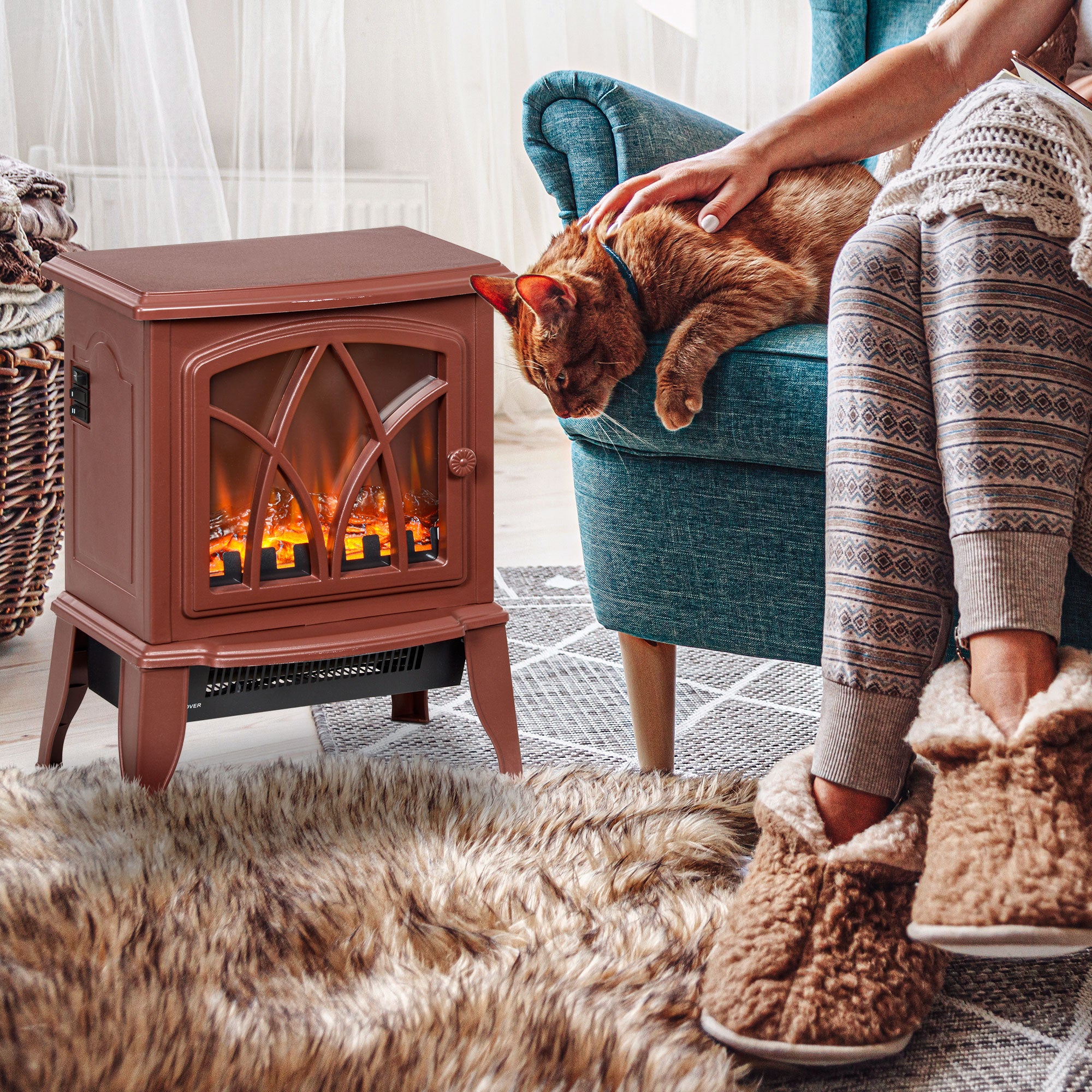 Electric Fireplace Heater with Flame Effect & Overheat Protection, 750W/1500W, Red