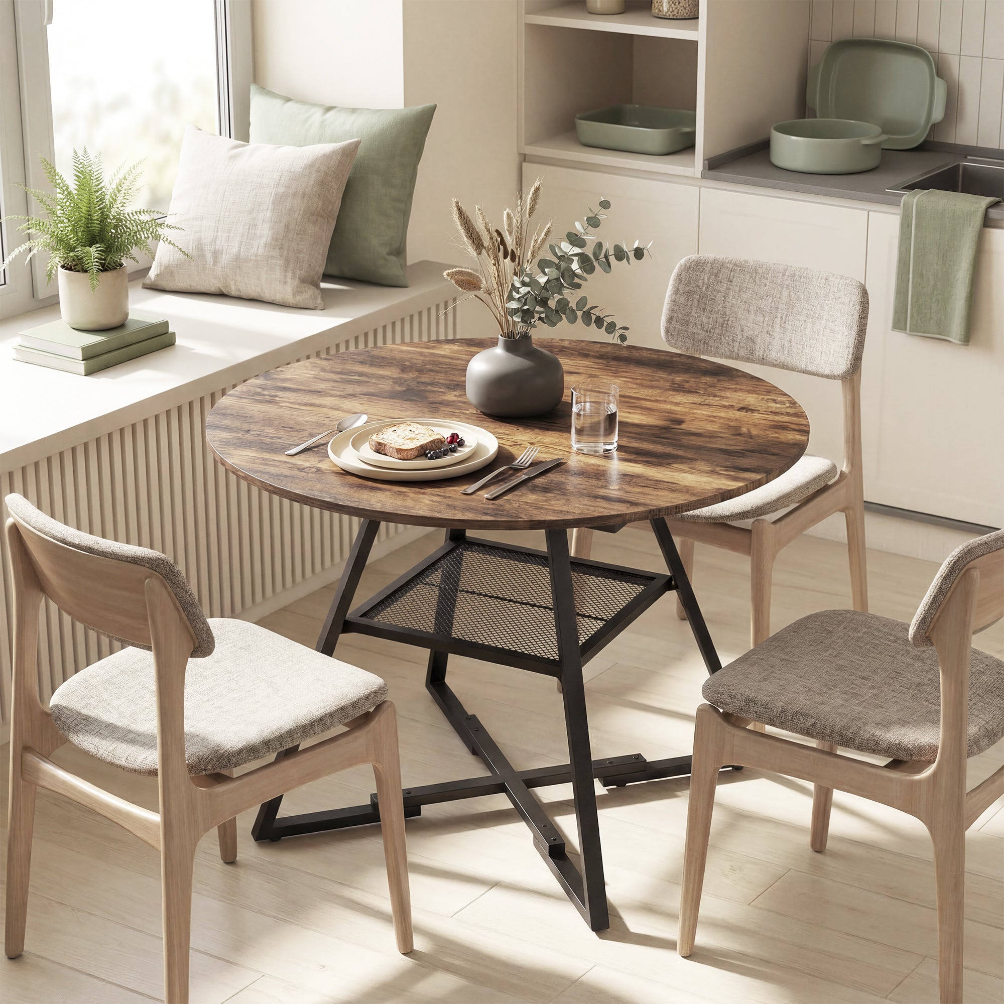 Dining Table for 4 People, 100 cm Round Industrial Kitchen Table with Storage Shelf, Wood Effect Tabletop, Metal Base for Kitchen, Dining Room, Living Room, Rustic Brown
