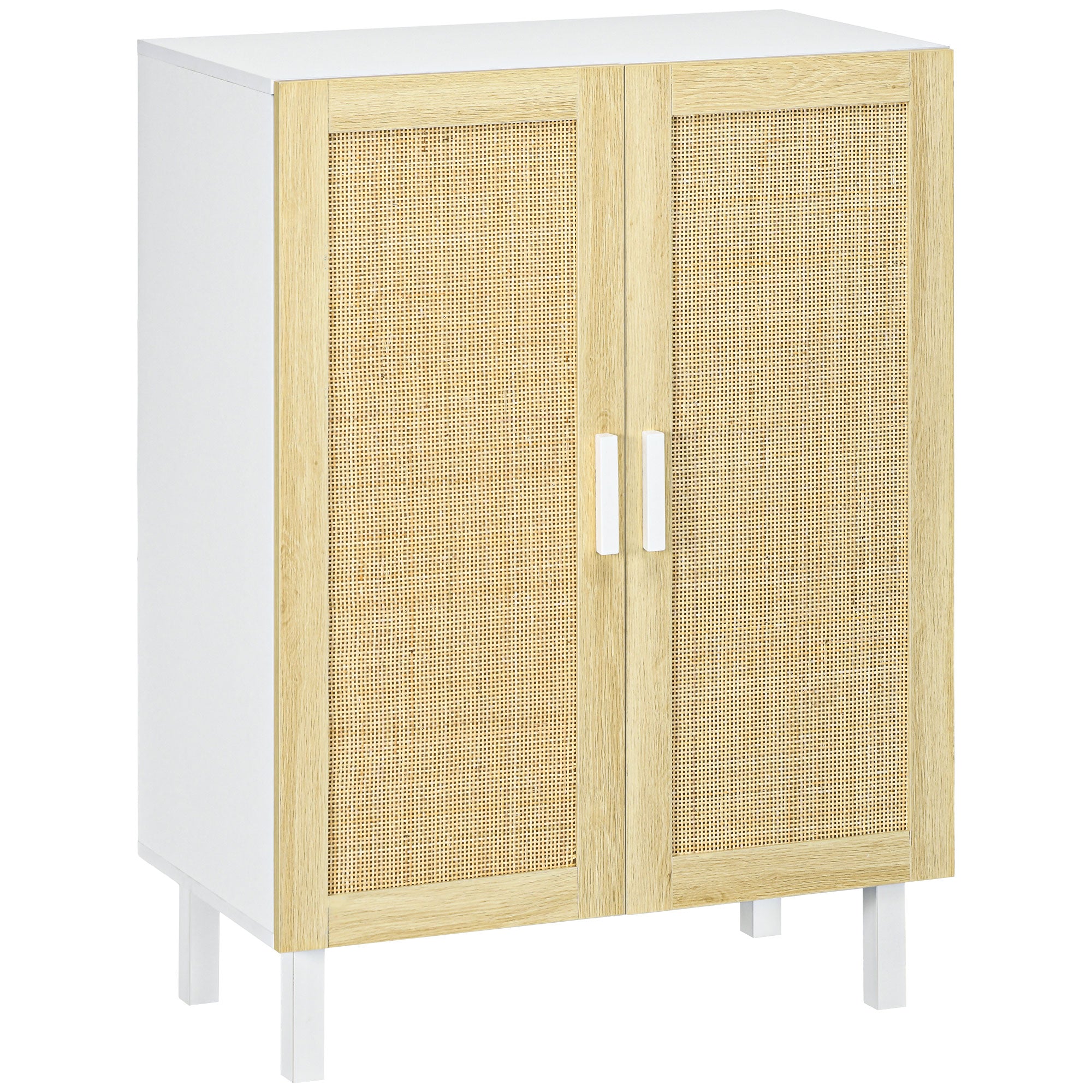 Boho Kitchen Buffet Cabinet w/ 2 Rattan Doors and Adjustable Shelves, White & Natural
