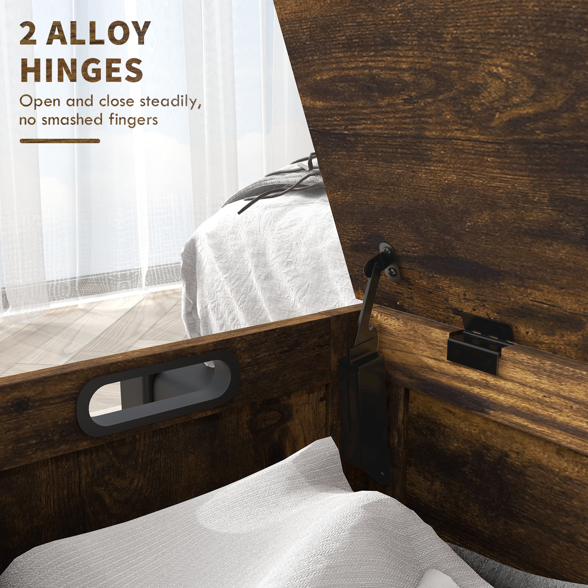 39.4" Storage Trunk w/ 2 Safety Hinges, Wooden Bench w/ Side Handles, Rustic Brown