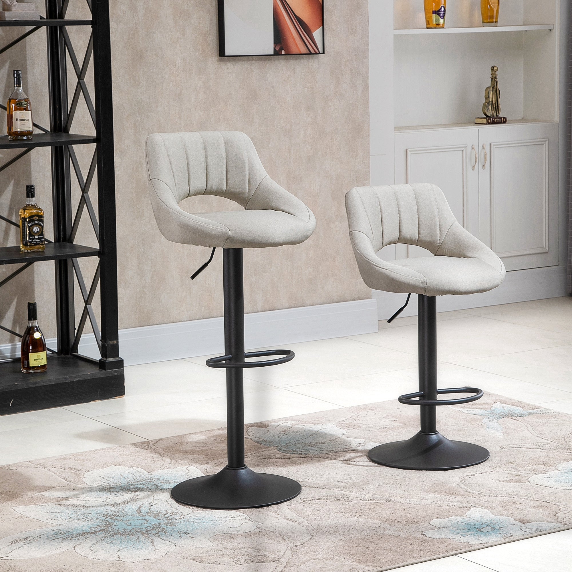 HOMCOM Bar Stools Set of 2, Swivel Counter Height Barstools with Adjustable Height, Linen Upholstered Bar Chairs with Round Metal Base and Footrest, Cream