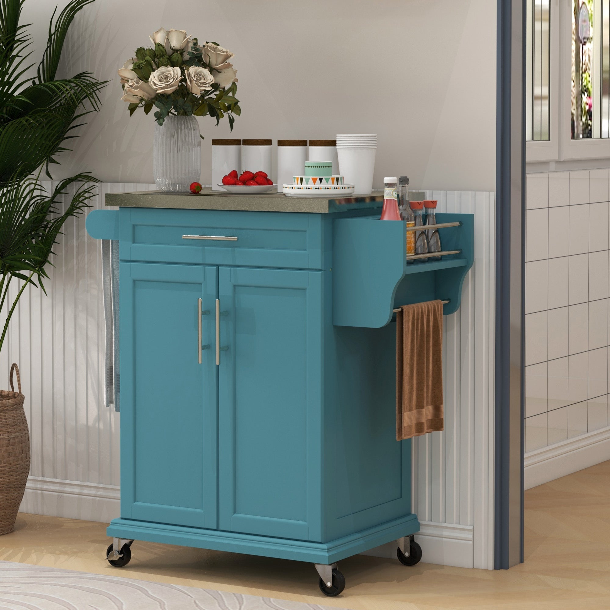 36" Stainless Steel Rolling Kitchen Cart with Drawer, Spice & Towel Racks, Blue