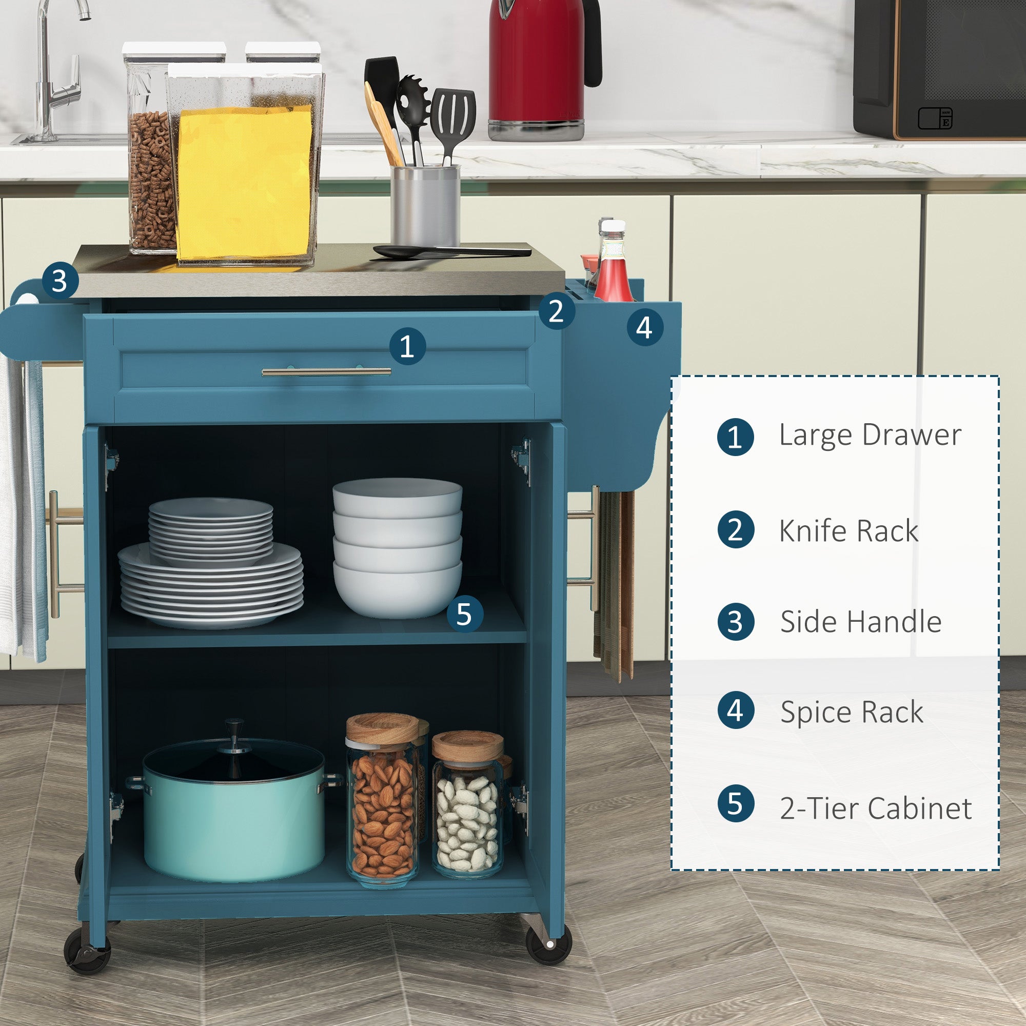 36" Stainless Steel Rolling Kitchen Cart with Drawer, Spice & Towel Racks, Blue