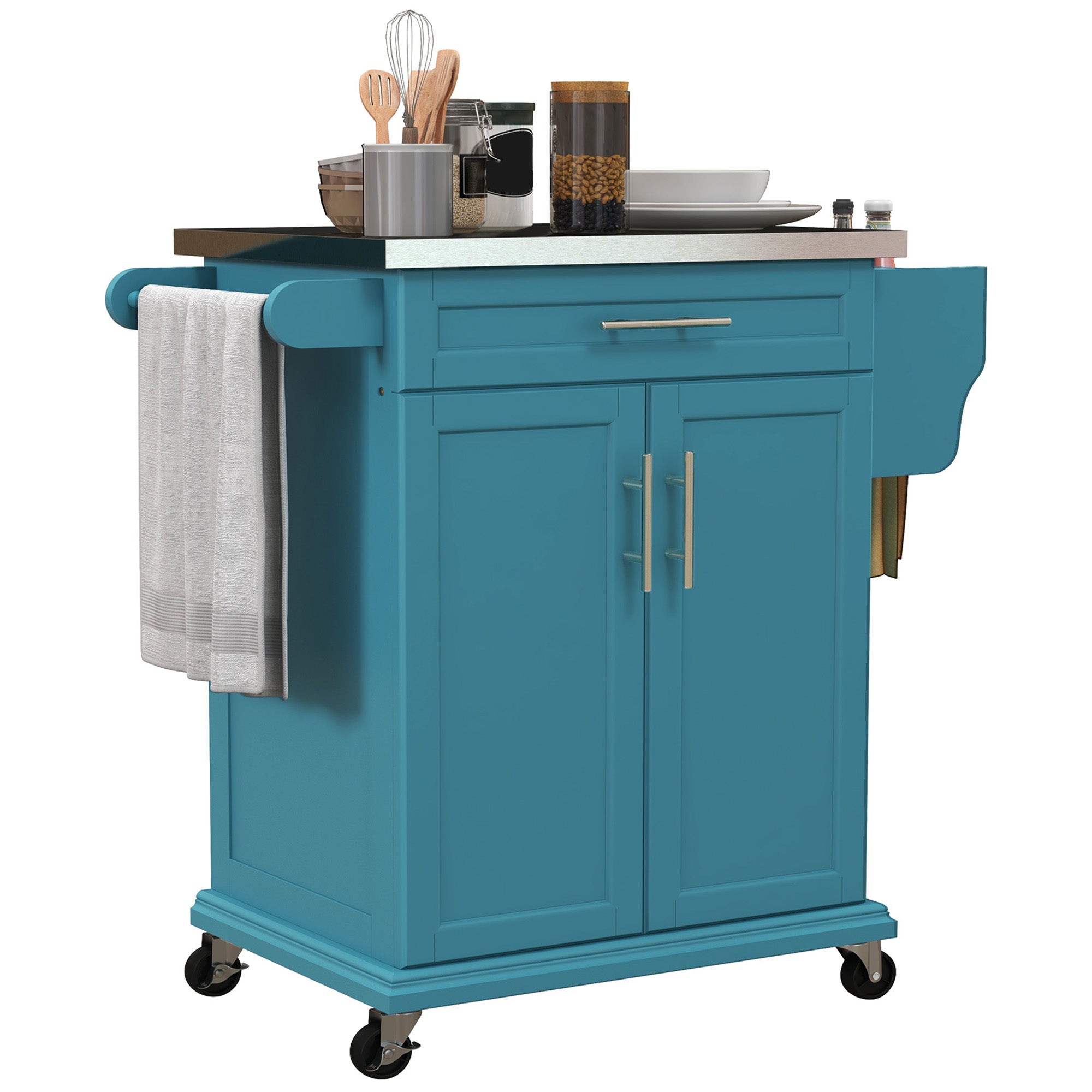36" Stainless Steel Rolling Kitchen Cart with Drawer, Spice & Towel Racks, Blue