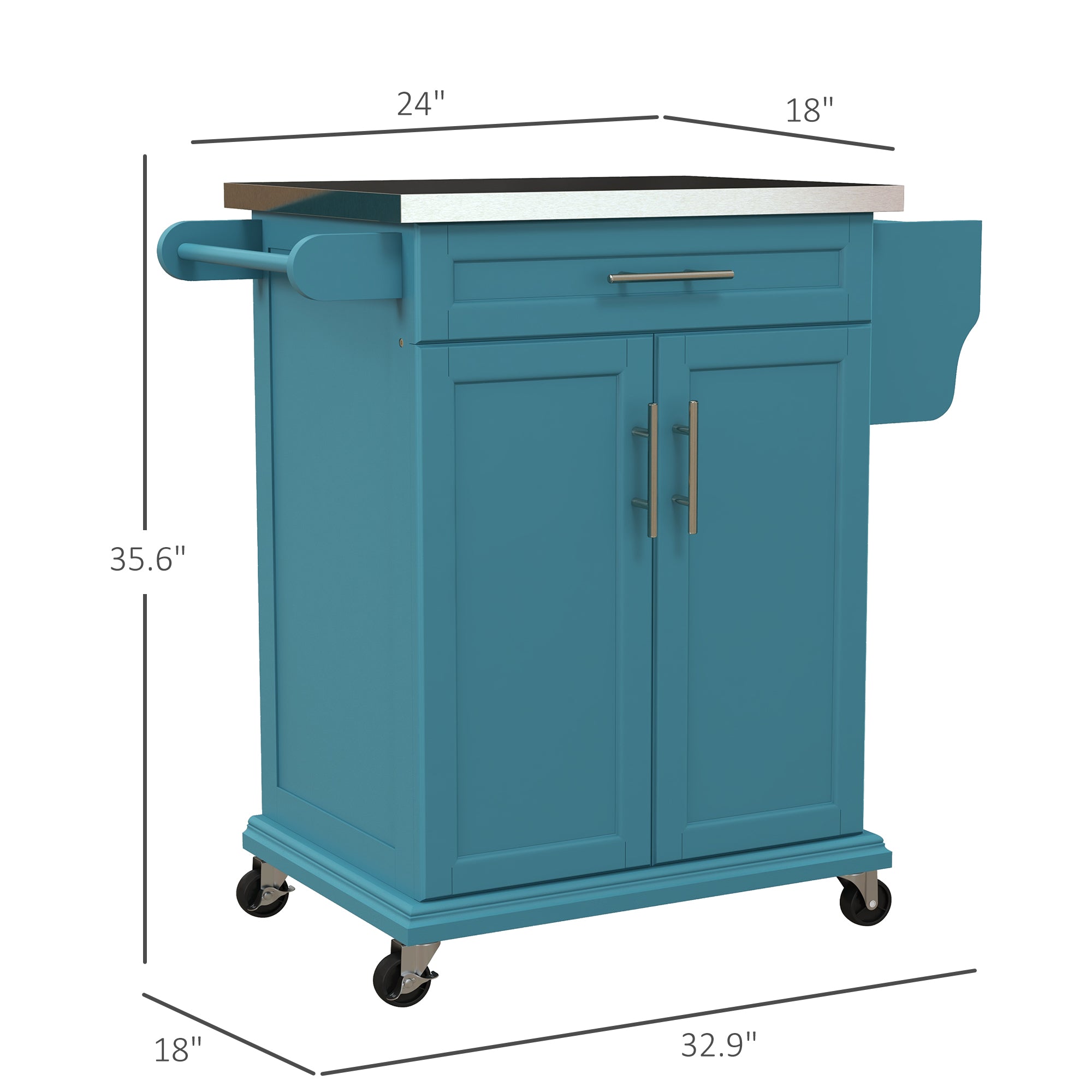 36" Stainless Steel Rolling Kitchen Cart with Drawer, Spice & Towel Racks, Blue