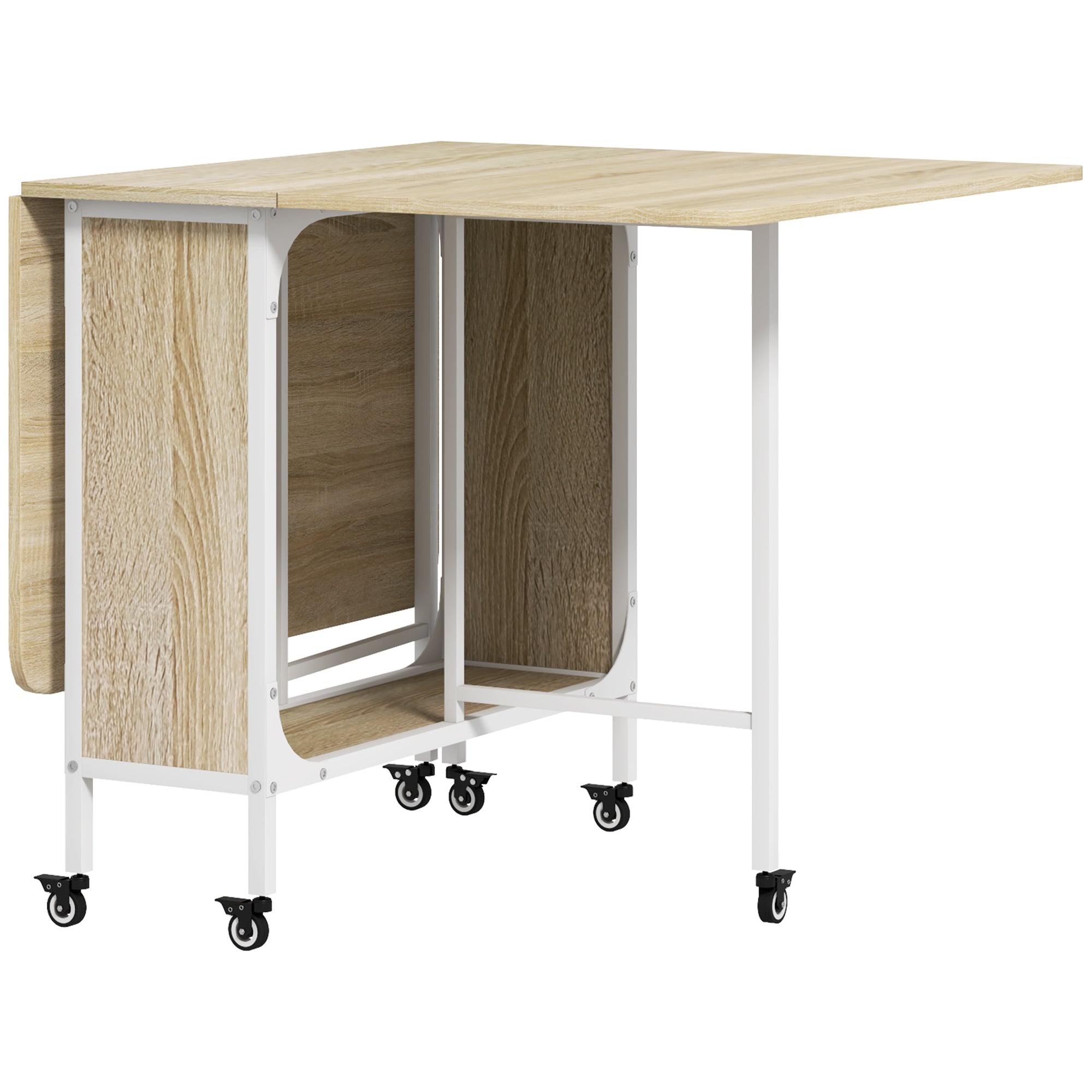Mobile Drop Leaf Table, Folding Dining Table with 6 Wheels & Storage Shelf for Small Spaces, Kitchen, Dining Room, Natural Wood Finish