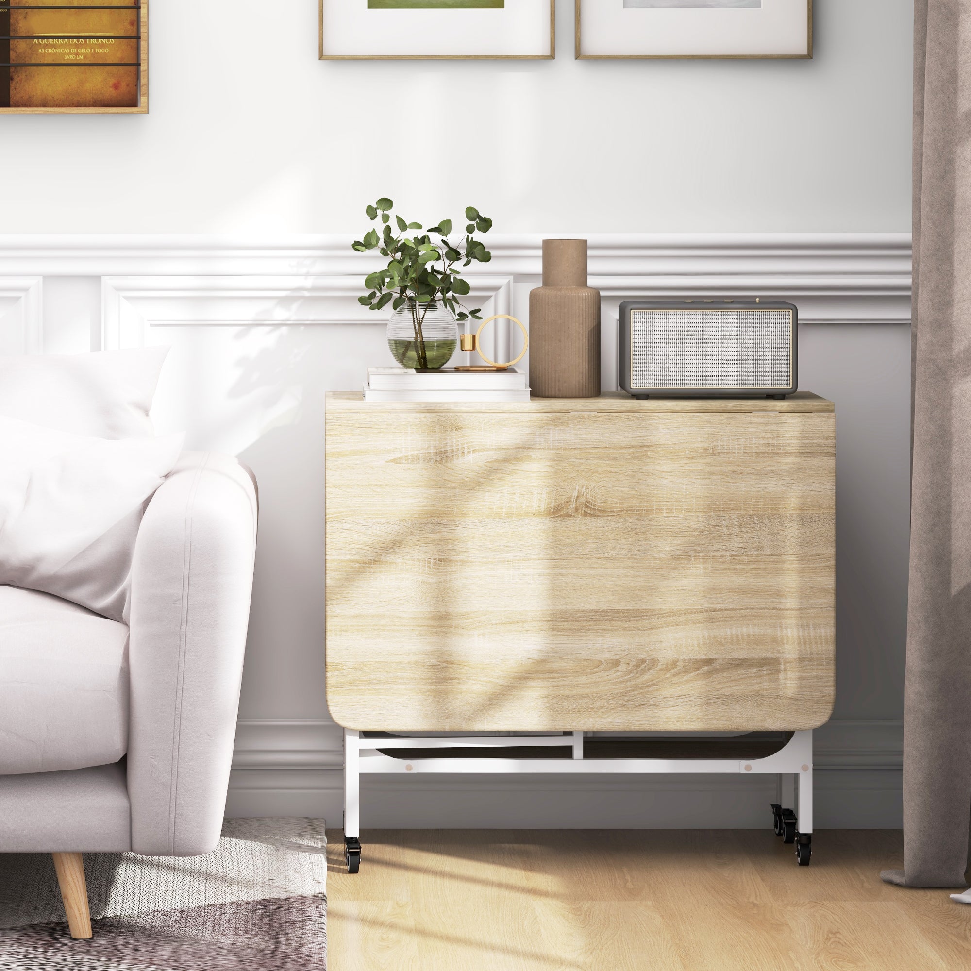 Mobile Drop Leaf Table, Folding Dining Table with 6 Wheels & Storage Shelf for Small Spaces, Kitchen, Dining Room, Natural Wood Finish