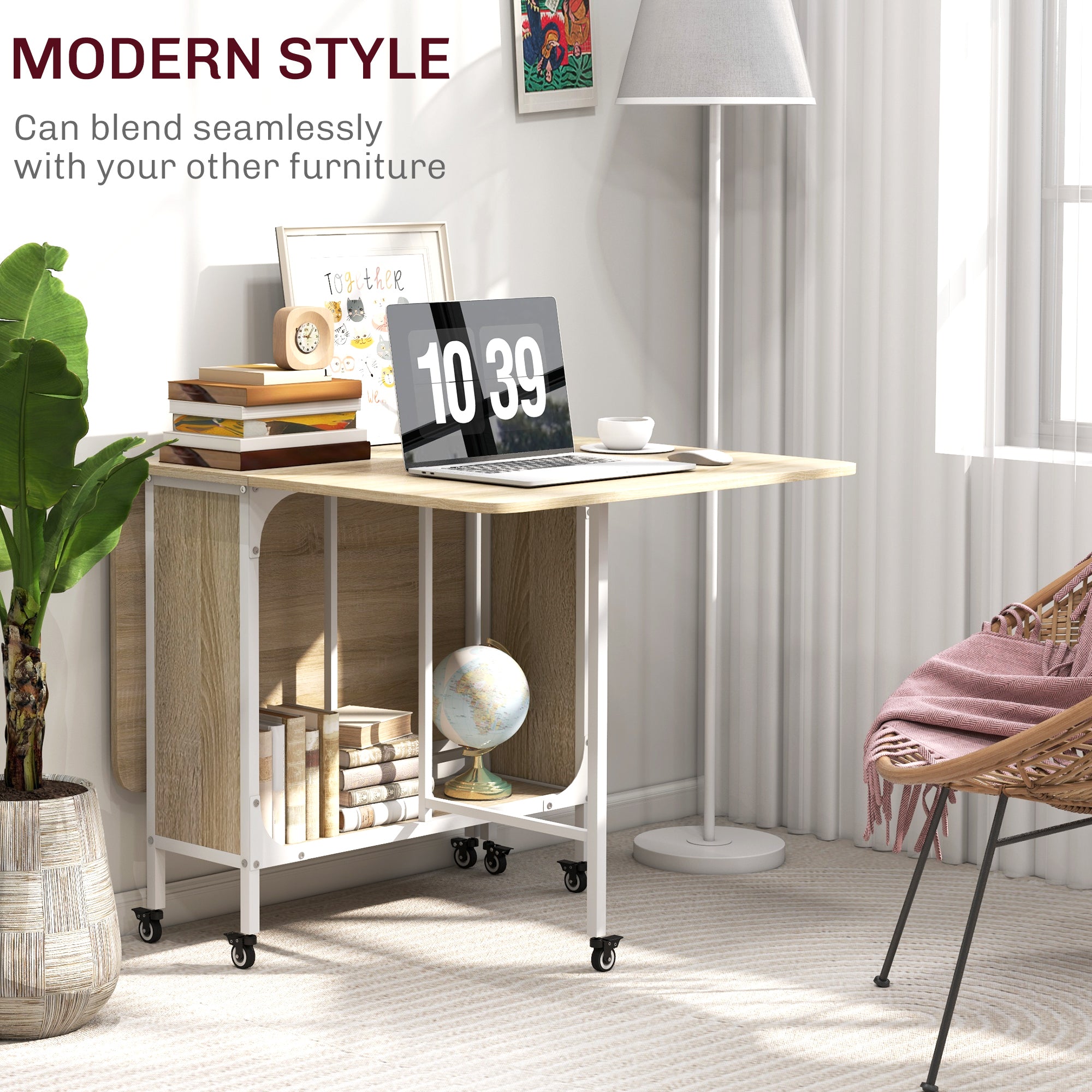 Mobile Drop Leaf Table, Folding Dining Table with 6 Wheels & Storage Shelf for Small Spaces, Kitchen, Dining Room, Natural Wood Finish