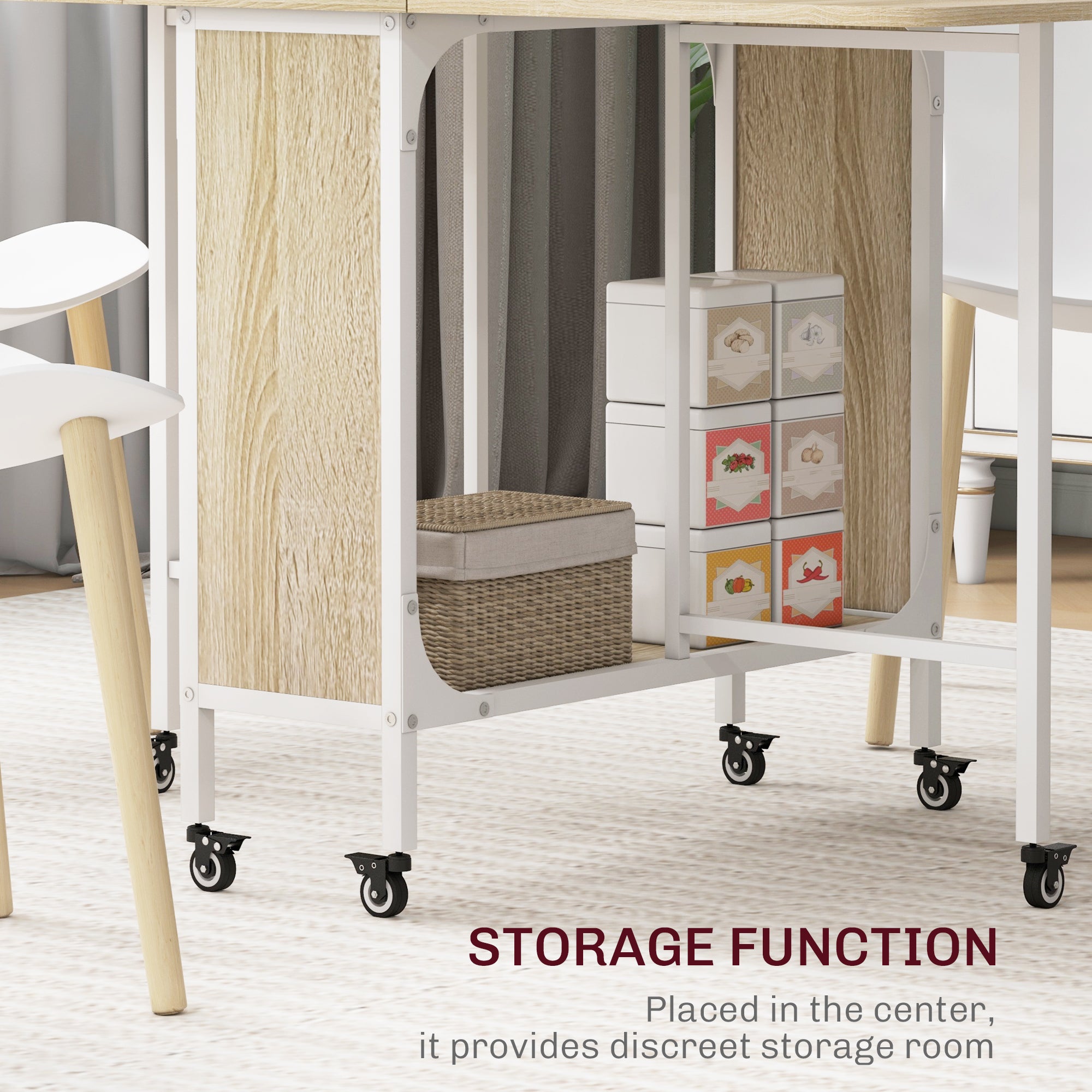 Mobile Drop Leaf Table, Folding Dining Table with 6 Wheels & Storage Shelf for Small Spaces, Kitchen, Dining Room, Natural Wood Finish