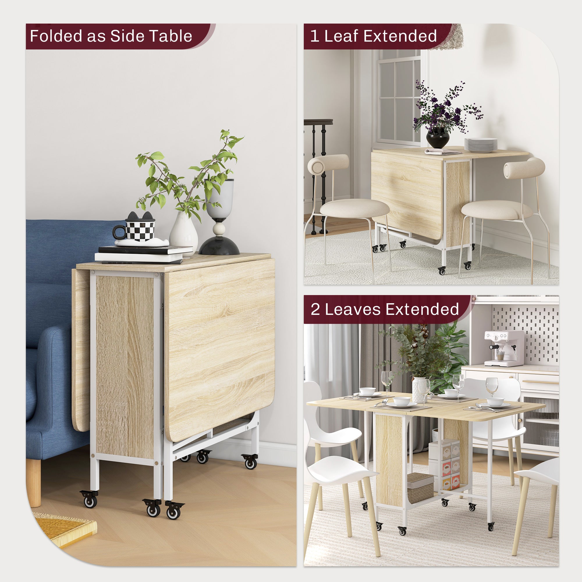 Mobile Drop Leaf Table, Folding Dining Table with 6 Wheels & Storage Shelf for Small Spaces, Kitchen, Dining Room, Natural Wood Finish