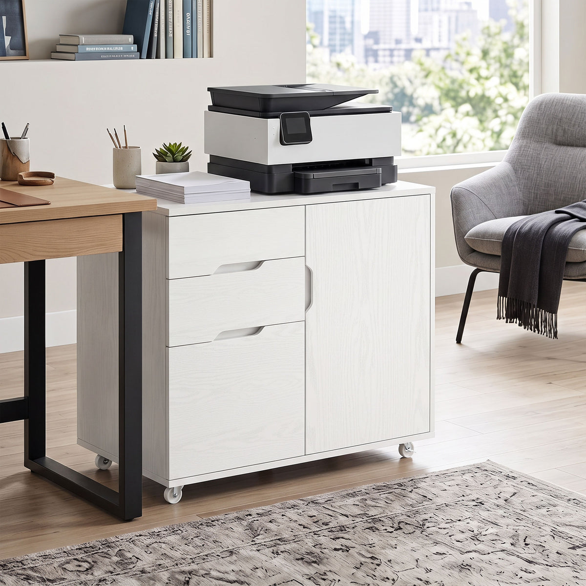 Lateral File Cabinet with Cabinet, Home Office Printer Stand, 3-Drawer Mobile Filing Cabinet, Lockable Wheels, Adjustable Shelf, for A4, Letter-Size Files, White Wood Grain