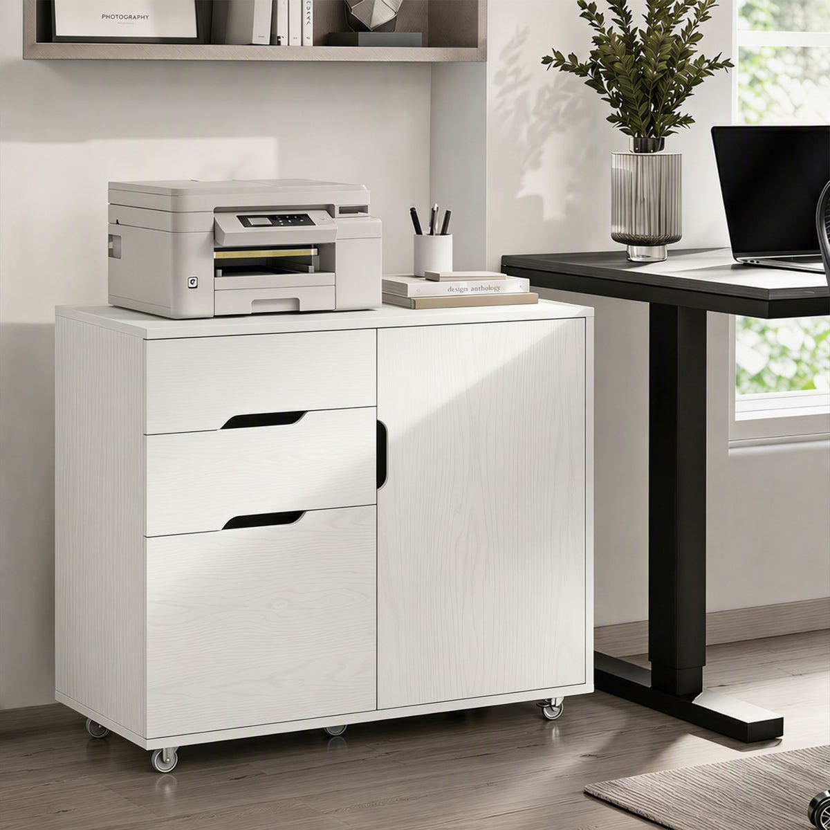 Lateral File Cabinet with Cabinet, Home Office Printer Stand, 3-Drawer Mobile Filing Cabinet, Lockable Wheels, Adjustable Shelf, for A4, Letter-Size Files, White Wood Grain