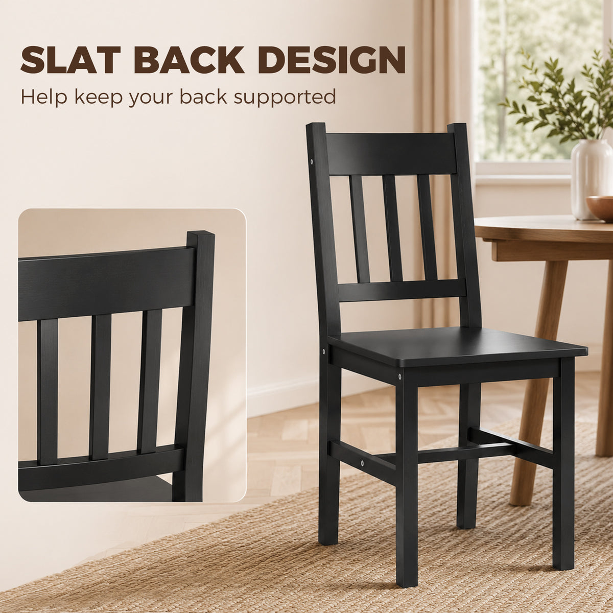 Dining Chairs Set of 2, Kitchen Chair with Slat Back, Pine Wood Structure for Living Room and Dining Room, Black