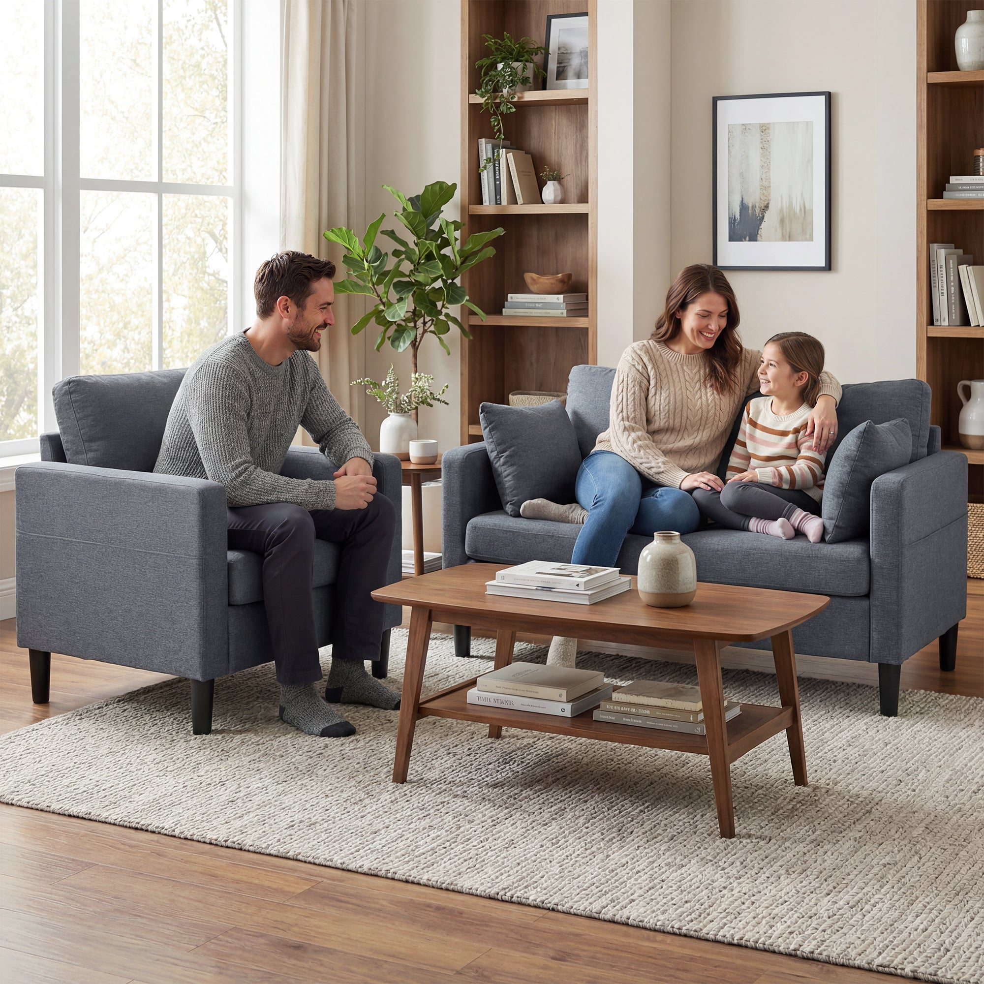 55" Loveseat Sofa, Modern Linen Upholstered Couch with Spring Cushion, 2 Pillows, 2 Seater Sofa for Living Room, Bedroom, Home Office, Dark Grey