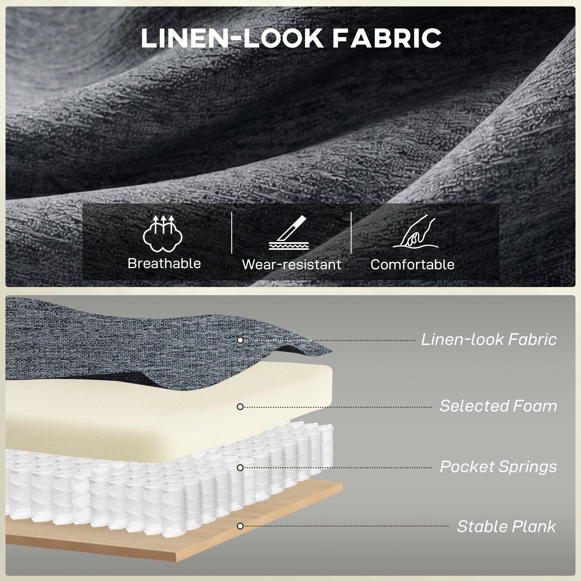 55" Loveseat Sofa, Modern Linen Upholstered Couch with Spring Cushion, 2 Pillows, 2 Seater Sofa for Living Room, Bedroom, Home Office, Dark Grey