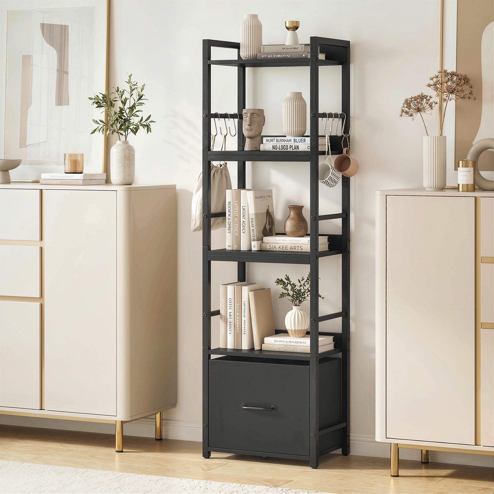 4-Tier Bookshelf, Narrow Bookcase with Drawer, 8 Hooks, Metal Frame, Shelving Unit for Living Room, Bedroom, Home Office, 39 x 26 x 136.5 cm, Black