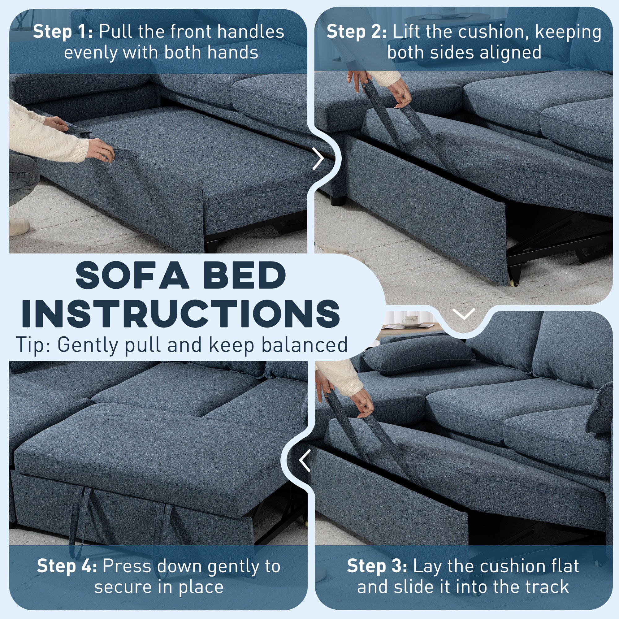 Corner Sofa Bed, L Shaped Sleeper Sectional Sofa with Reversible Storage Chaise, 3 Seater Convertible Pull Out Sofa Bed with Spring Seat, USB Ports, Cup Holders, Pillows for Living Room, Blue