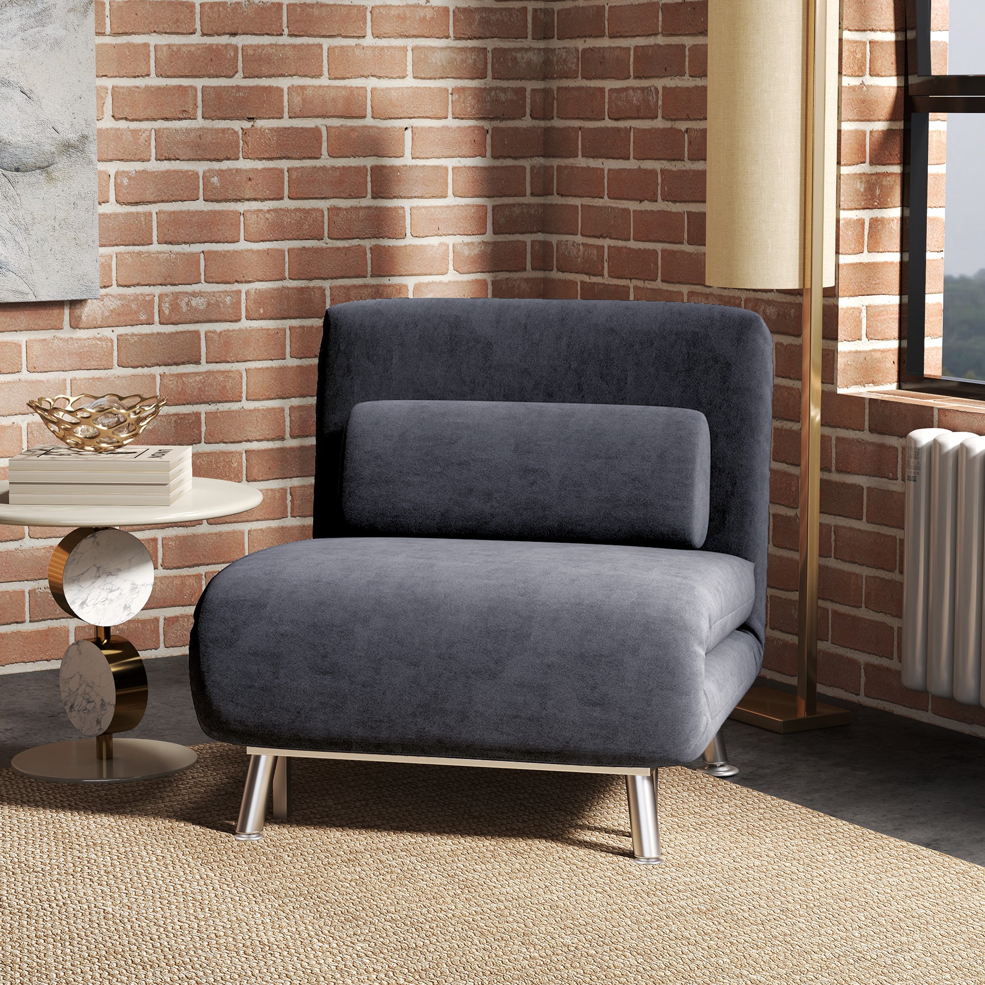 HOMCOM Velvet Single Chair Bed, 3-in-1 Convertible Sleeper Chair with Adjustable Backrest, Pillow, for Living Room, Bedroom, Charcoal Grey