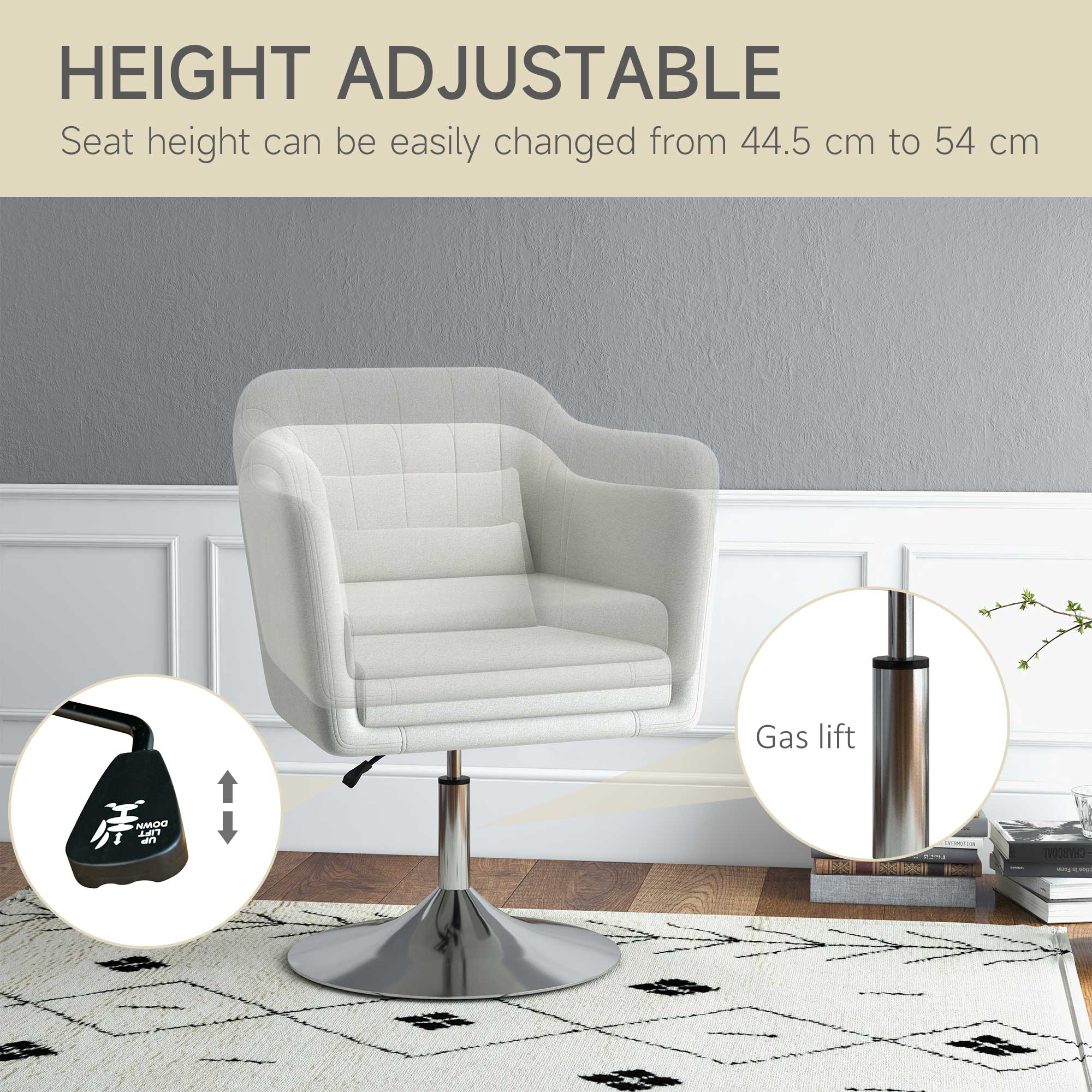 HOMCOM Swivel Linen Fabric Accent Chair for Living Room Contemporary Vanity Armchair with Adjustable Height Thick Cushion Lumbar Support Armrest for Bedroom Office Cream White