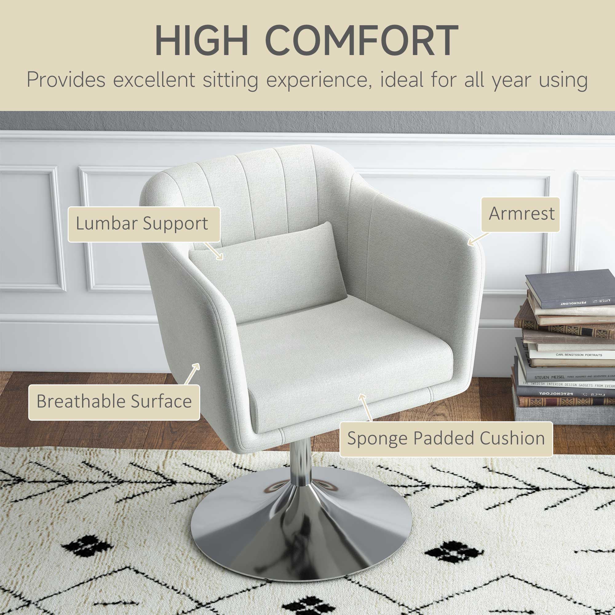 HOMCOM Swivel Linen Fabric Accent Chair for Living Room Contemporary Vanity Armchair with Adjustable Height Thick Cushion Lumbar Support Armrest for Bedroom Office Cream White