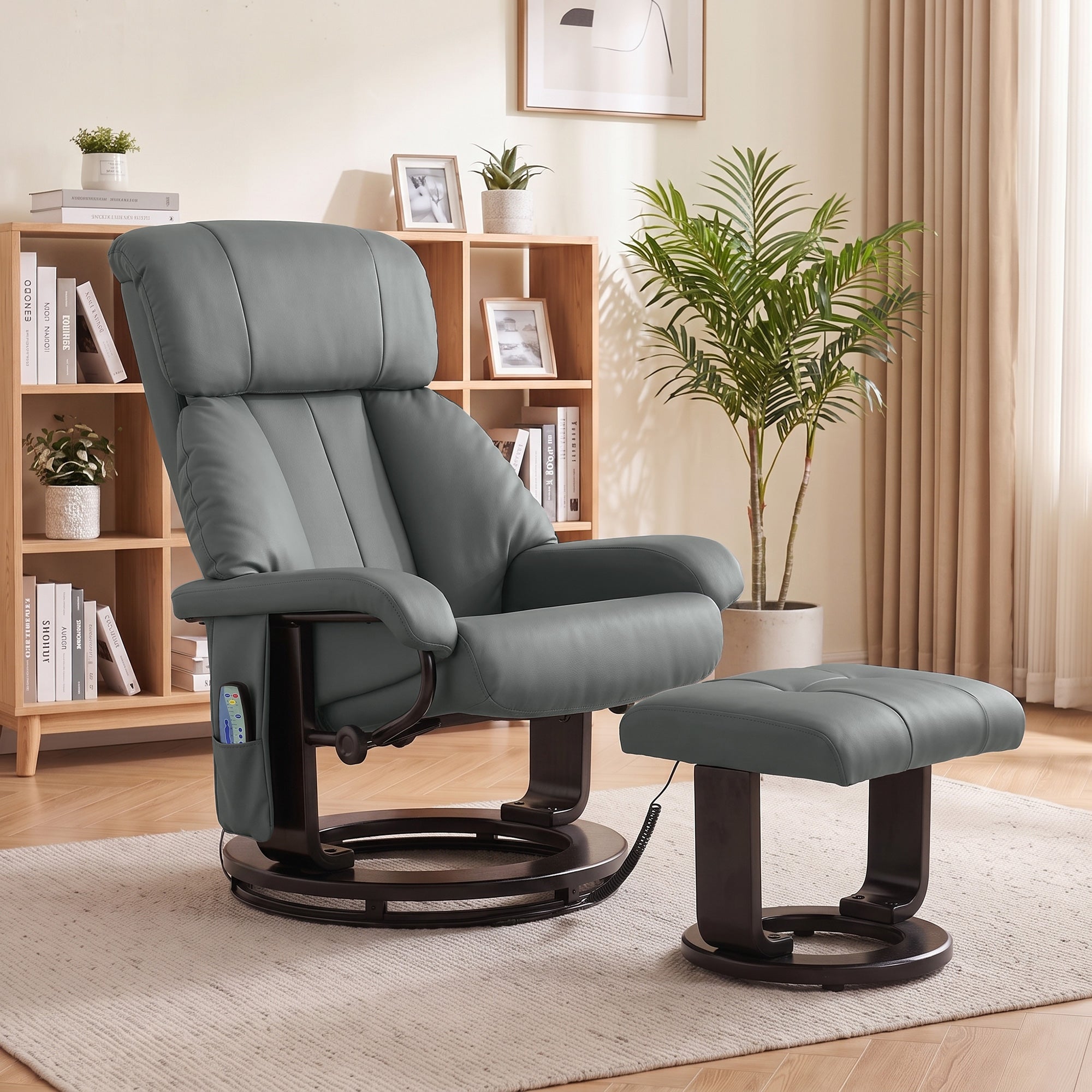 Massage Recliner Chair with Ottoman, 360° Swivel Recliner and Footstool, 10-Point Vibration, PU Leather Reclining Chair with Remote Control, Gray
