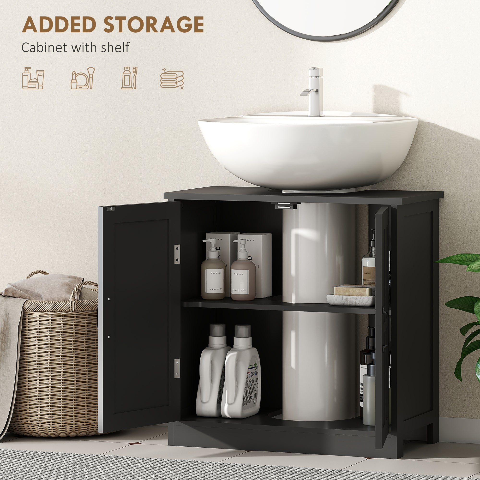Pedestal Under Sink Cabinet, Bathroom Vanity Cabinet Storage with Double Doors and Adjustable Shelf, Black