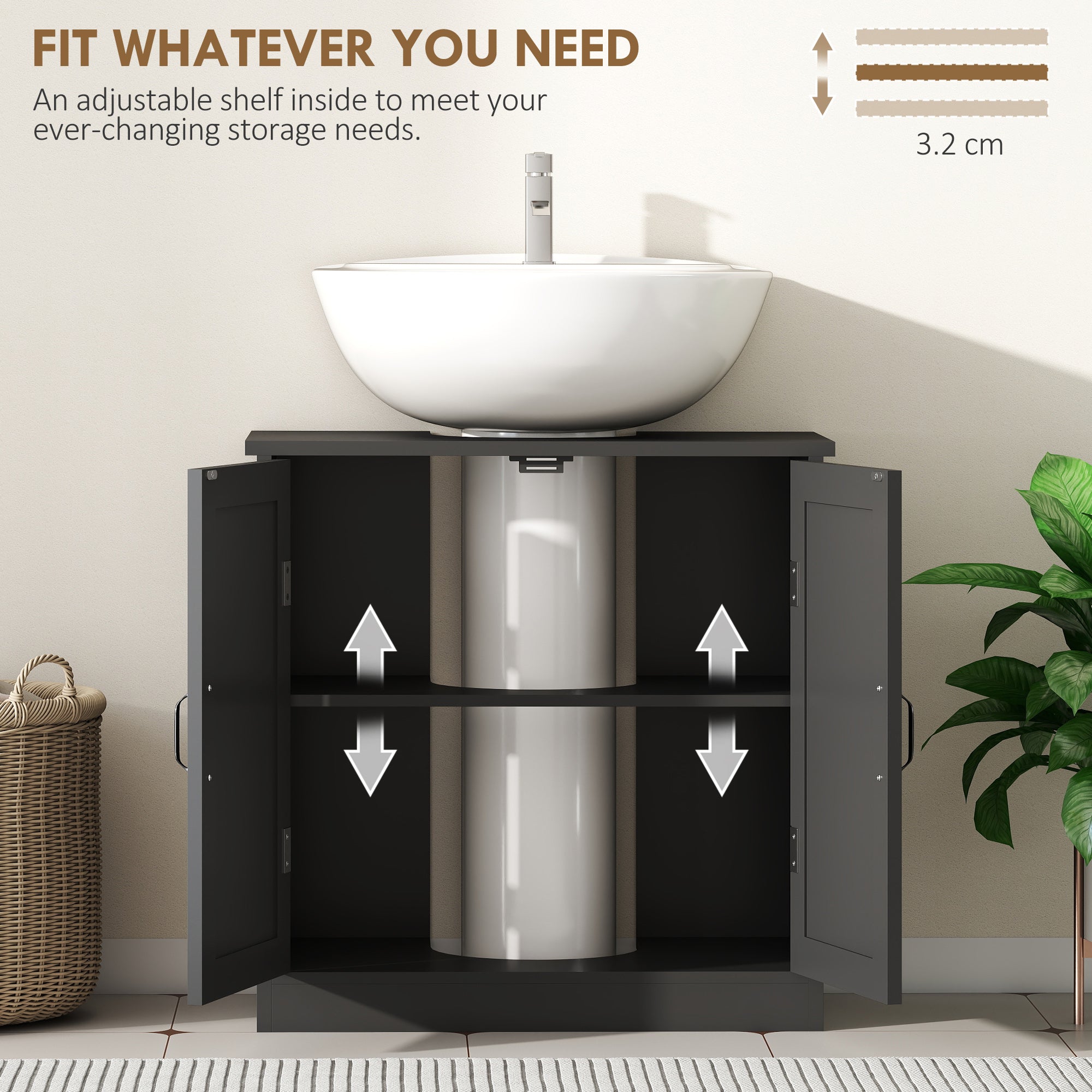 Pedestal Under Sink Cabinet, Bathroom Vanity Cabinet Storage with Double Doors and Adjustable Shelf, Black