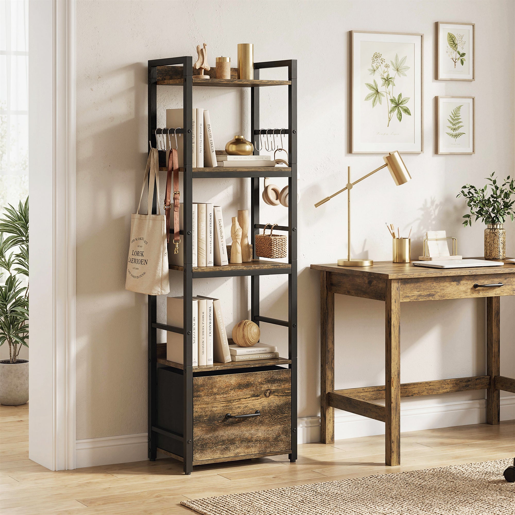 4-Tier Bookshelf, Narrow Bookcase with Drawer, 8 Hooks, Metal Frame, Shelving Unit for Living Room, Bedroom, Home Office, 39 x 26 x 136.5 cm, Rustic Brown