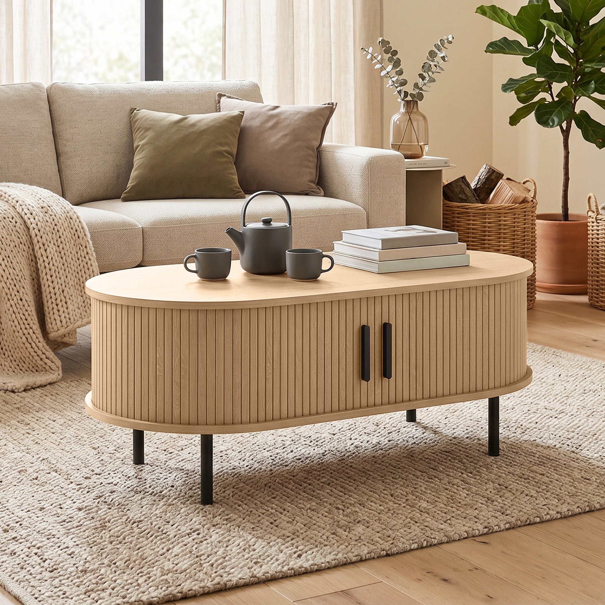 Mid-Century Modern Coffee Table, Center Table for Living Room with Storage, Sliding Tambour Doors, Rounded Edges and Metal Legs, Natural Wood Effect