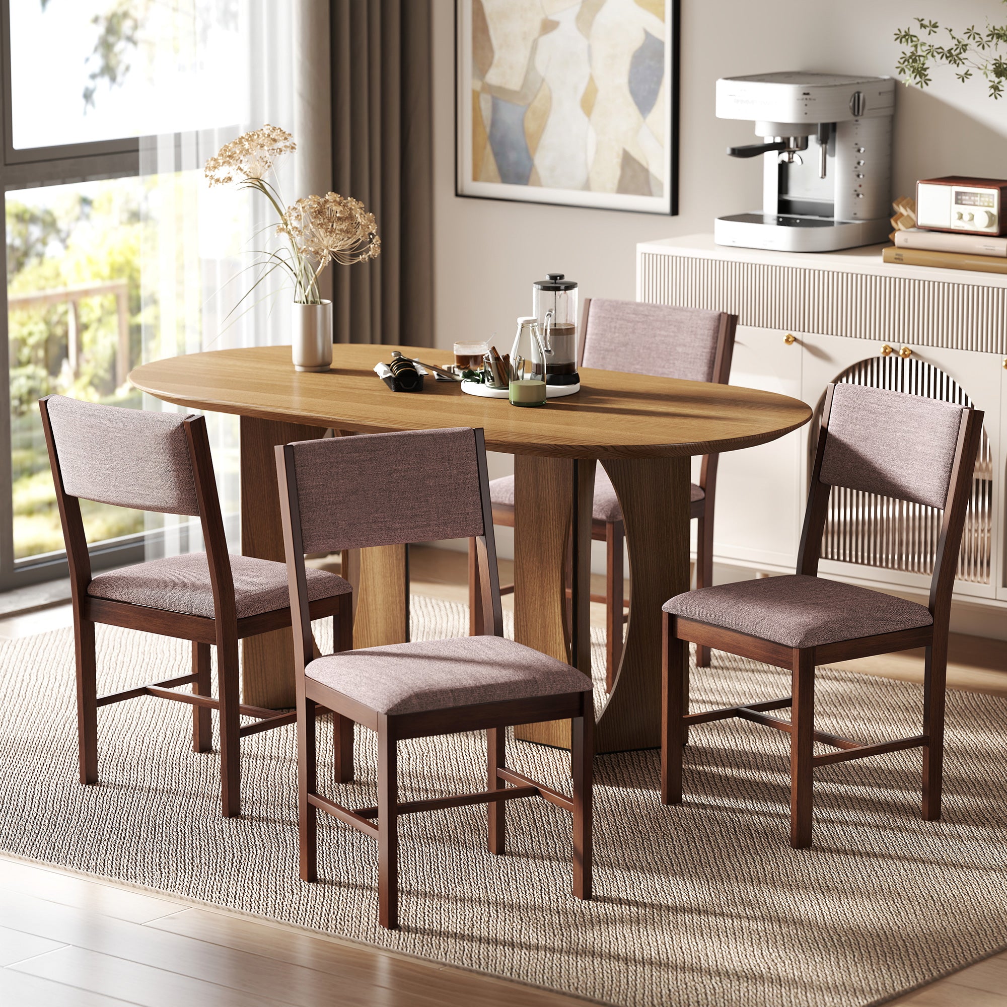Modern Dining Chairs Set of 4, Linen Fabric Upholstered Kitchen Chairs with Rubberwood Legs for Dining Room, Living Room, Brown and Light Brown