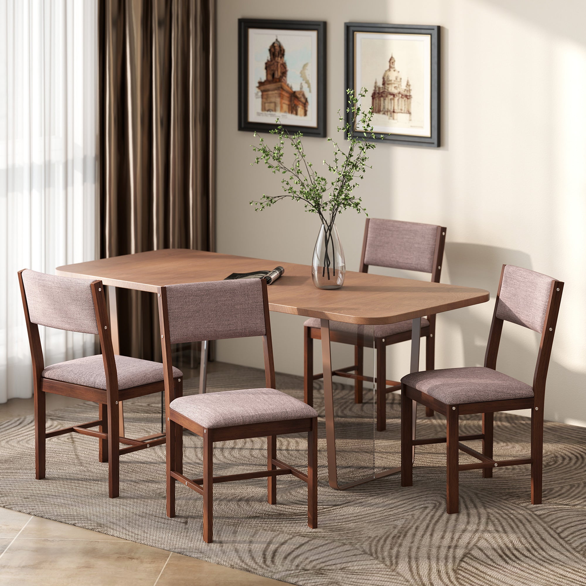 Modern Dining Chairs Set of 4, Linen Fabric Upholstered Kitchen Chairs with Rubberwood Legs for Dining Room, Living Room, Brown and Light Brown