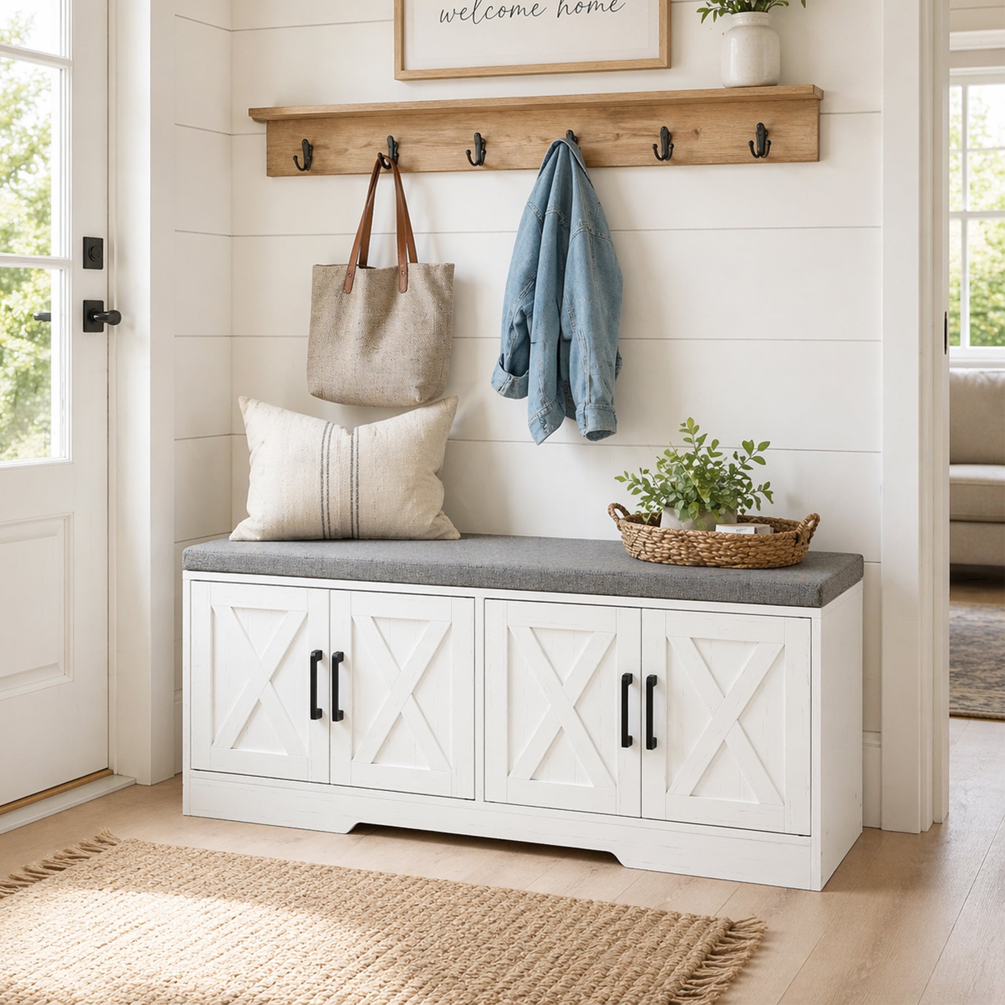 Shoe Bench with Storage, Shoe Storage Bench with 2-Tier Cabinet, Padded Seat Cushion and Adjustable Shelves, Modern Farmhouse Entryway Storage Cabinet, White