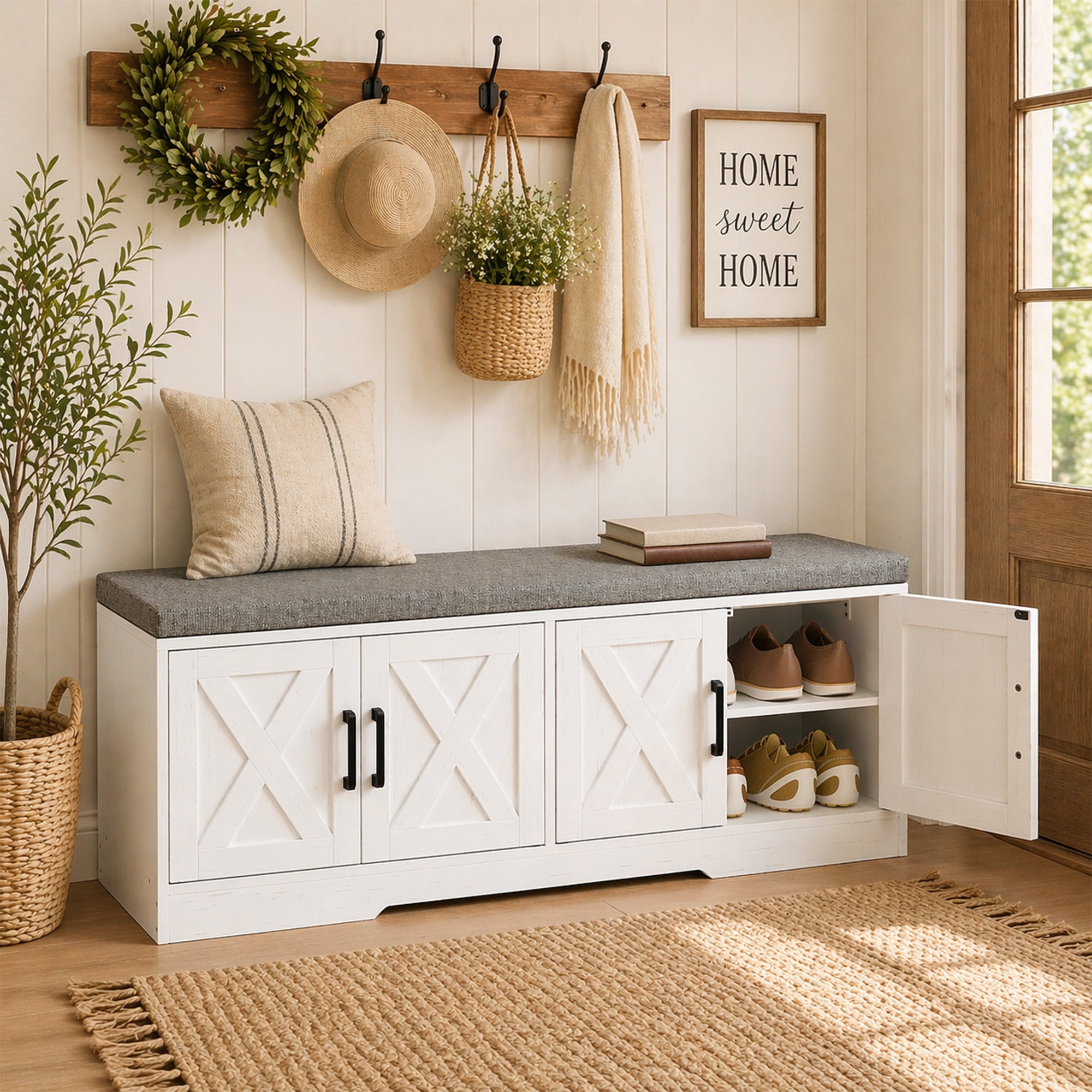 Shoe Bench with Storage, Shoe Storage Bench with 2-Tier Cabinet, Padded Seat Cushion and Adjustable Shelves, Modern Farmhouse Entryway Storage Cabinet, White