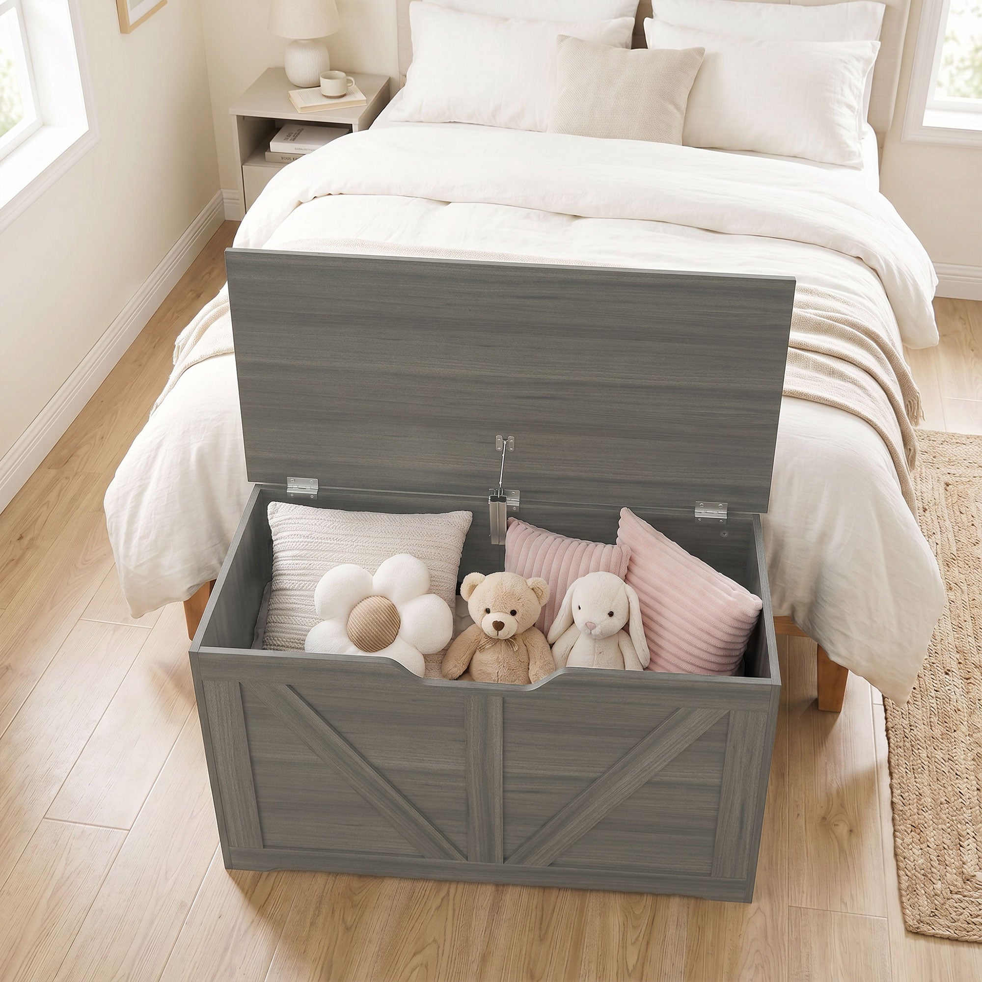 100L Storage Chest, Shoe Storage Trunk Bench Box with Safety Hinge and U-shaped Cut-out Pull, Blanket Box Ottoman for Bedroom, Living Room, Entryway, 80 x 40 x 45 cm, Dark Grey Wood-Effect
