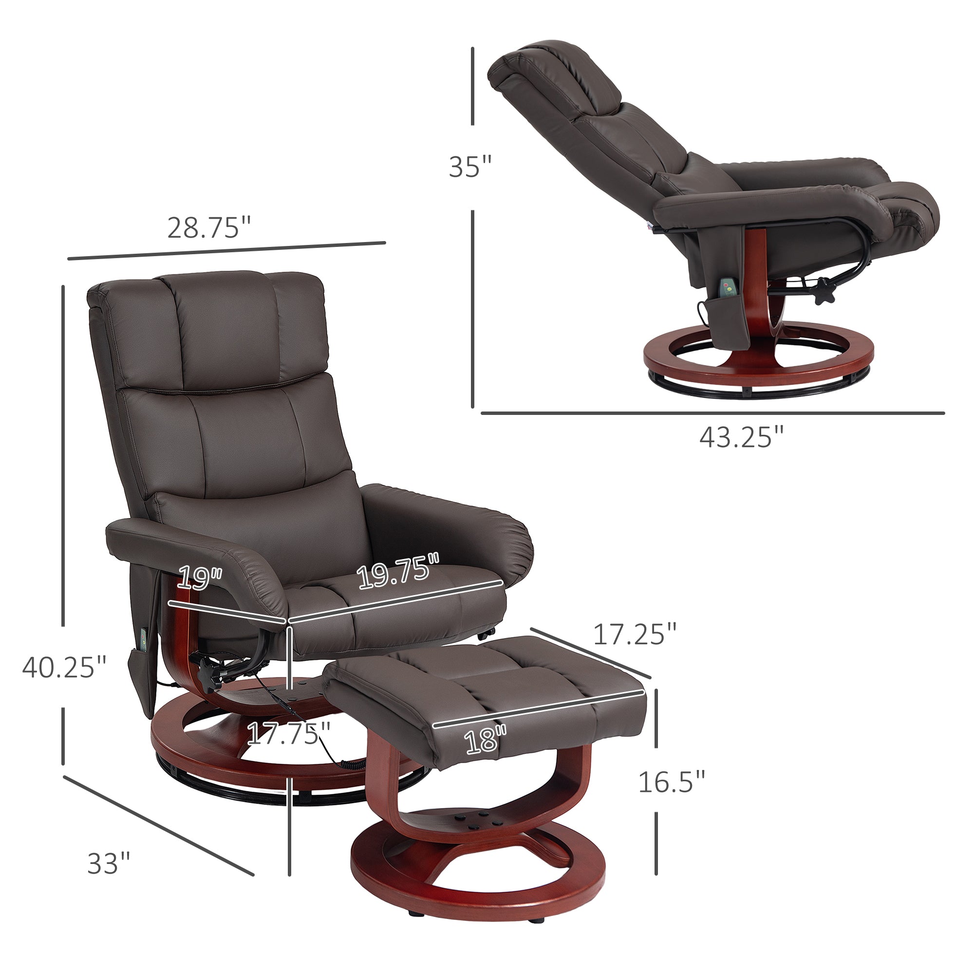 10 Points Massage Recliner Chair with Ottoman, Faux Leather Swivel Recliner, Brown