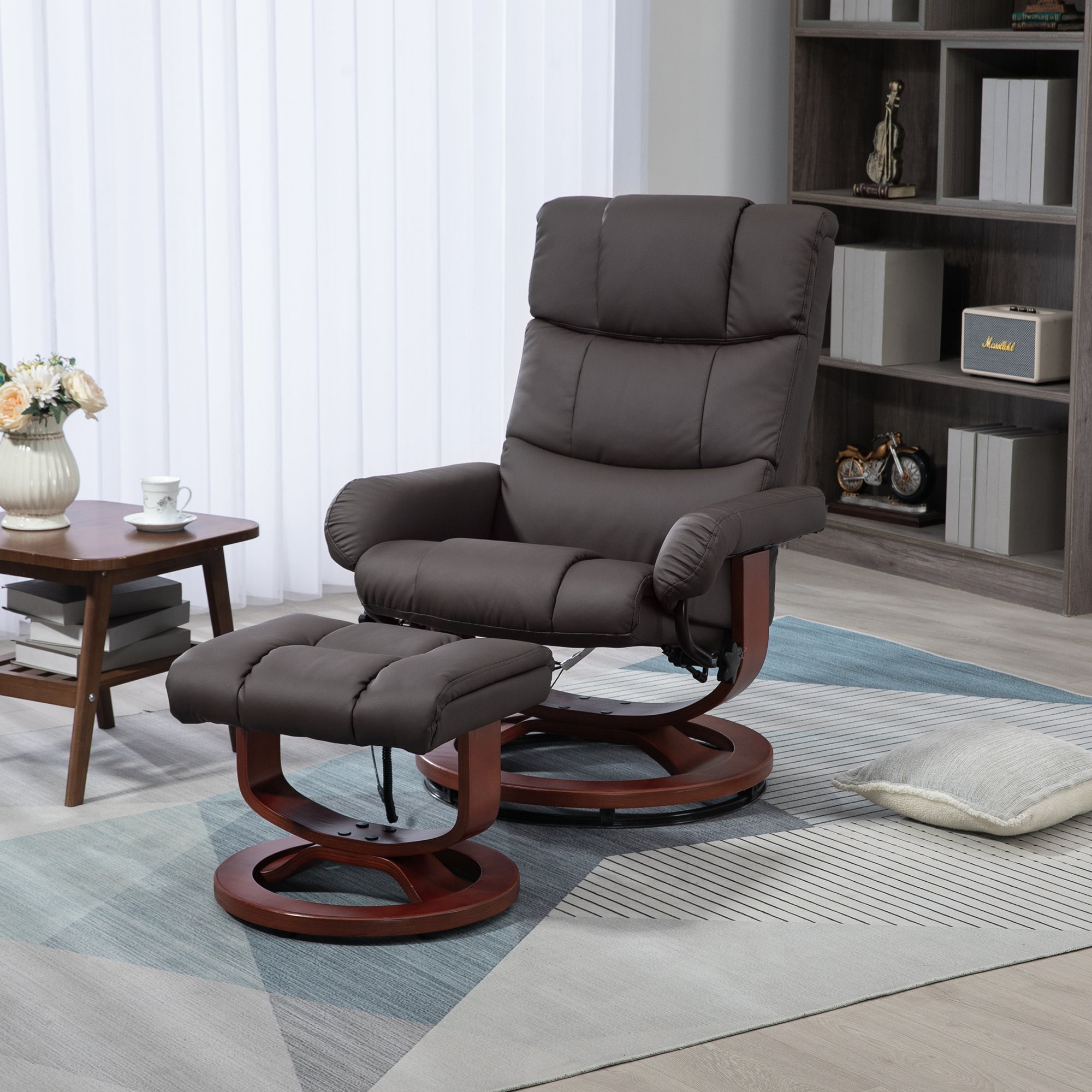 10 Points Massage Recliner Chair with Ottoman, Faux Leather Swivel Recliner, Brown