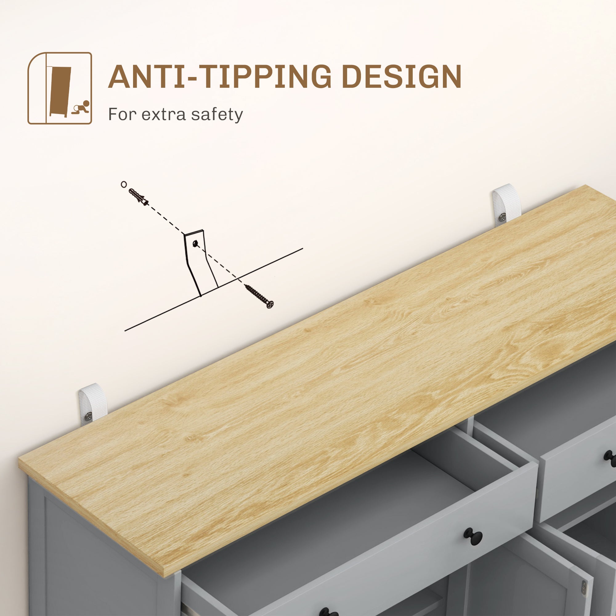 HOMCOM Kitchen Storage Cabinet, Sideboard Buffet Cabinet with Solid Wood Top, Adjustable Shelf, 2 Drawers and 4 Doors, Grey