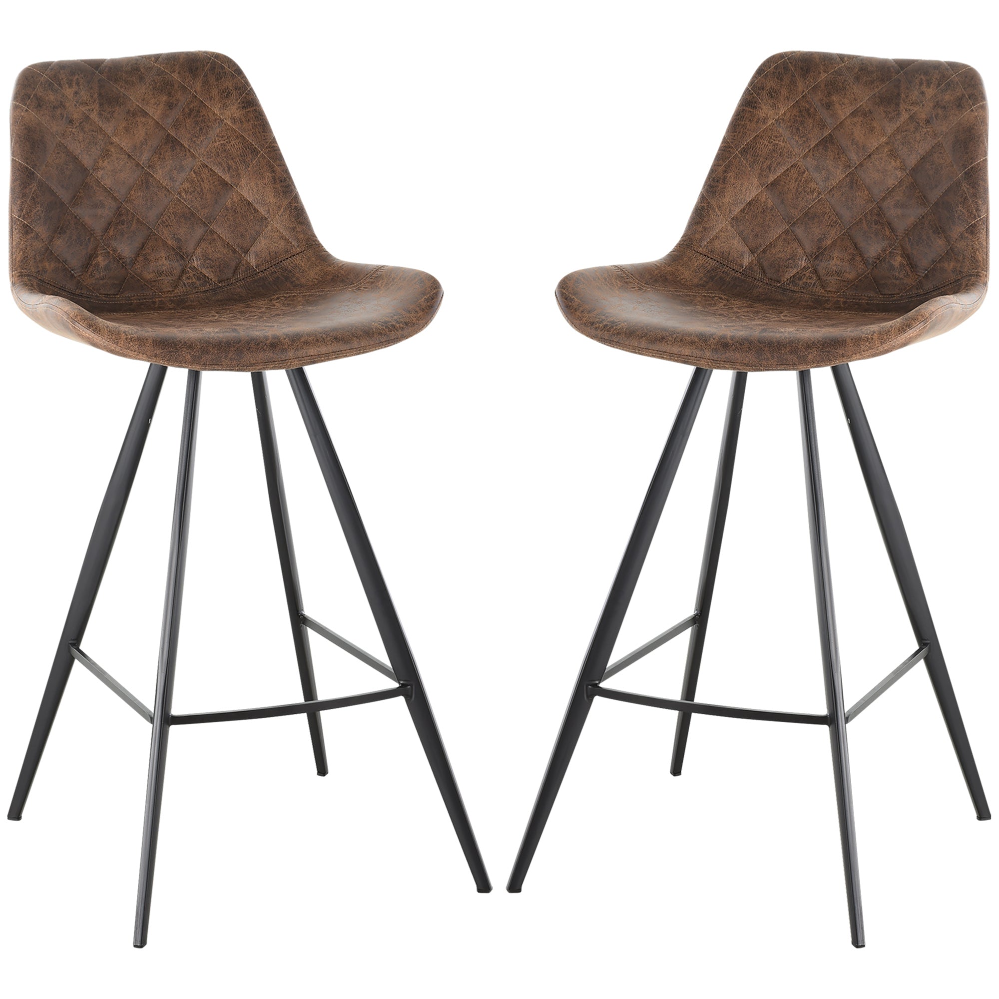 HOMCOM Set Of 2 Bar Stools Vintage Microfiber Cloth Tub Seats Padded Comfortable Steel Frame Footrest Quilted Home Bar Cafe Kitchen Chair Stylish Brown