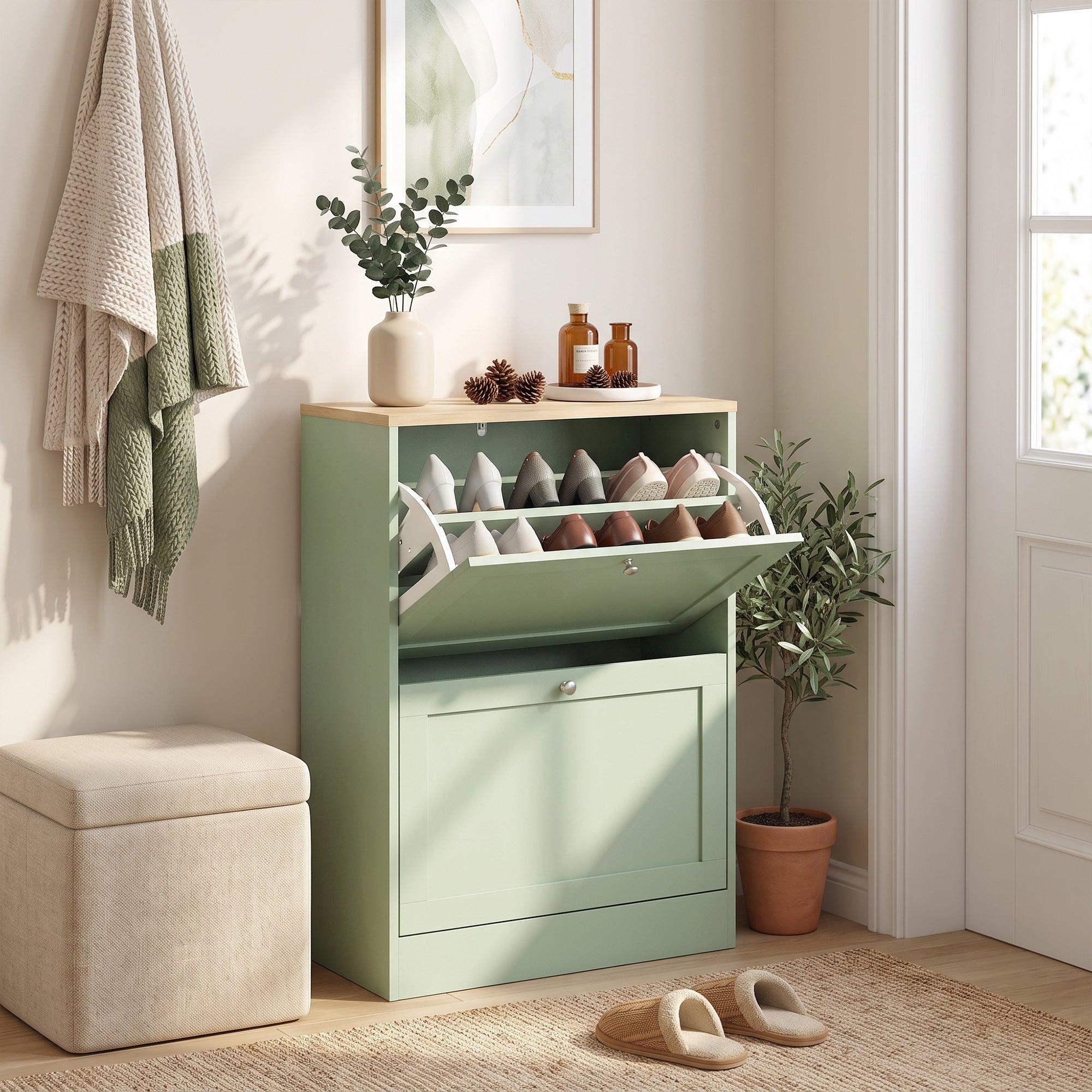 Shoe Storage Cabinet with 2 Flip Drawers, Wooden Freestanding Shoe Organizer with Adjustable Shelves for Entryway, Hallway, Green