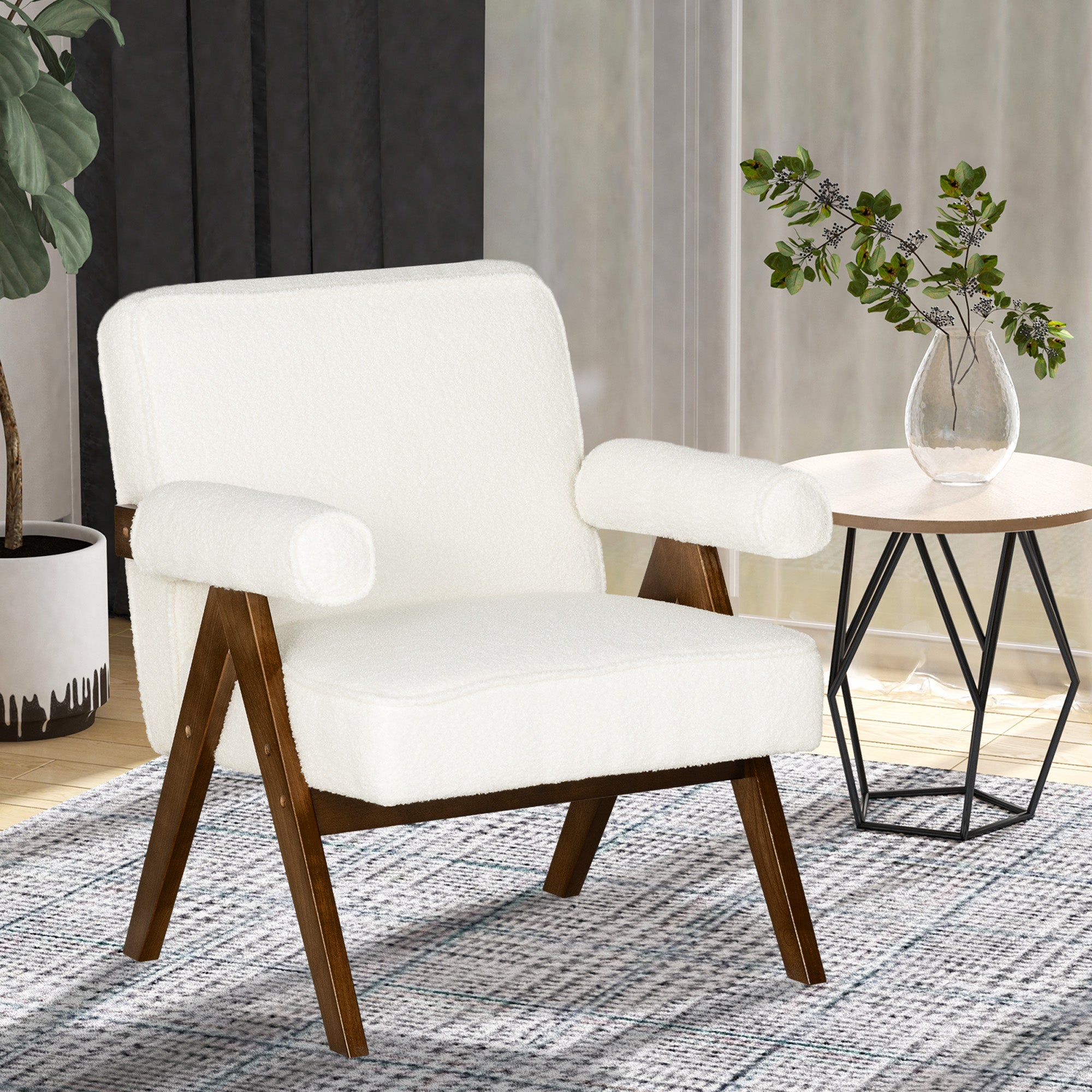 HOMCOM Accent Chair with Wide Seat, Cashmere Upholstered Armchair, Modern Living Room Chair with Soft Padded Armrests and Solid Wood Legs for Reading, Bedroom, Cream White