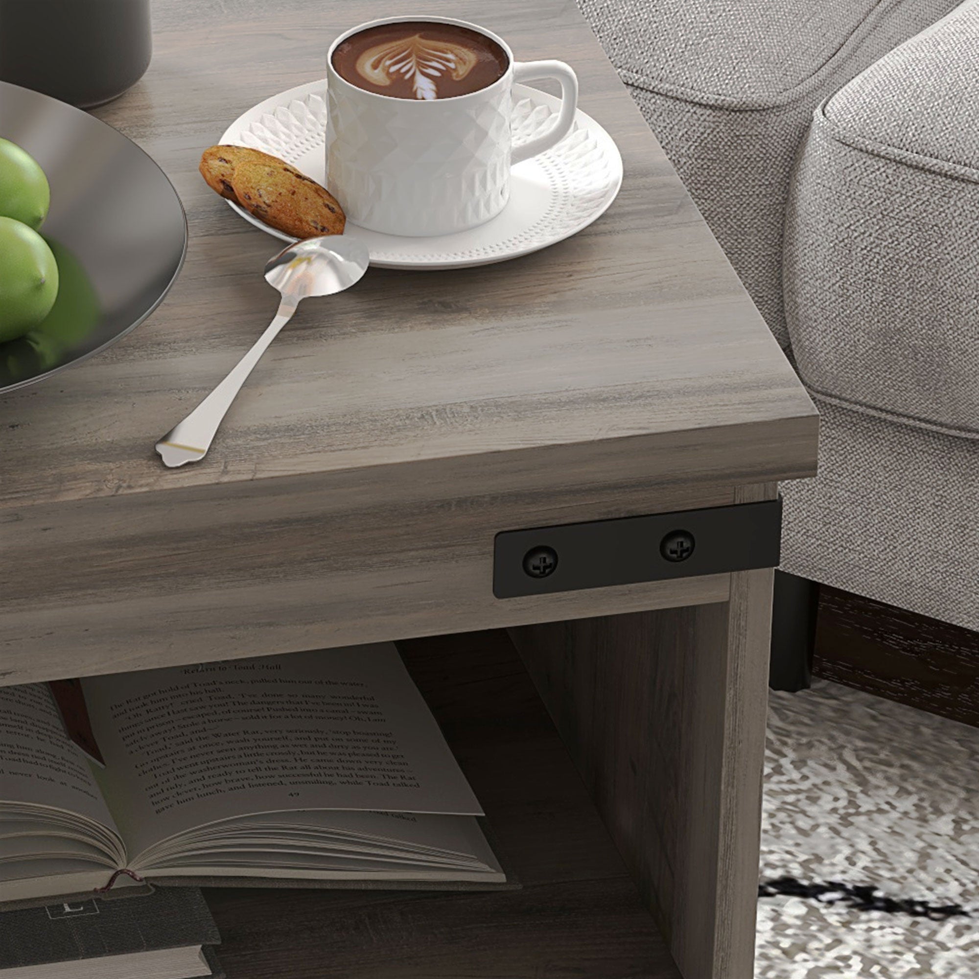 Side Table with Storage, End Table with Open Shelf, Cupboard and Wood Legs, Gray