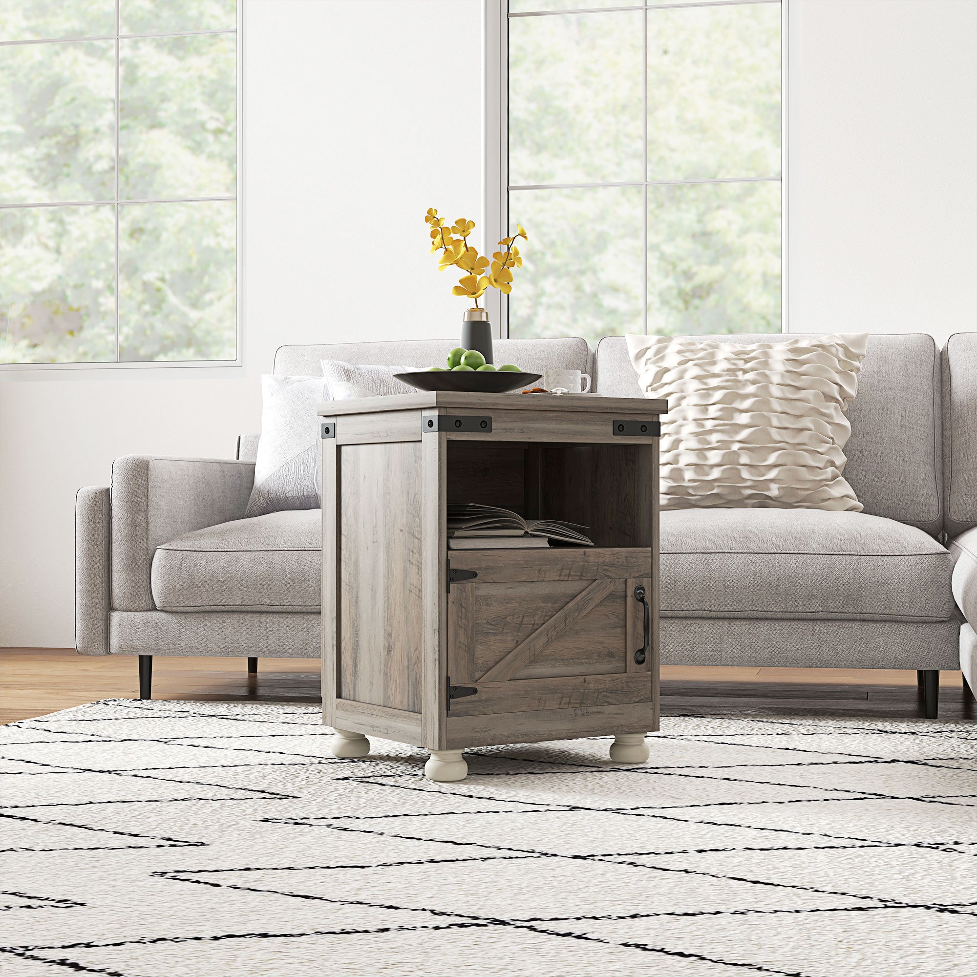 Side Table with Storage, End Table with Open Shelf, Cupboard and Wood Legs, Gray