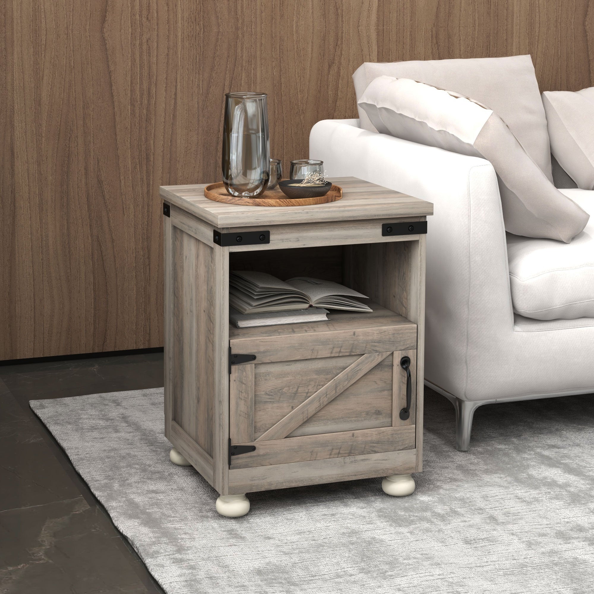 Side Table with Storage, End Table with Open Shelf, Cupboard and Wood Legs, Gray