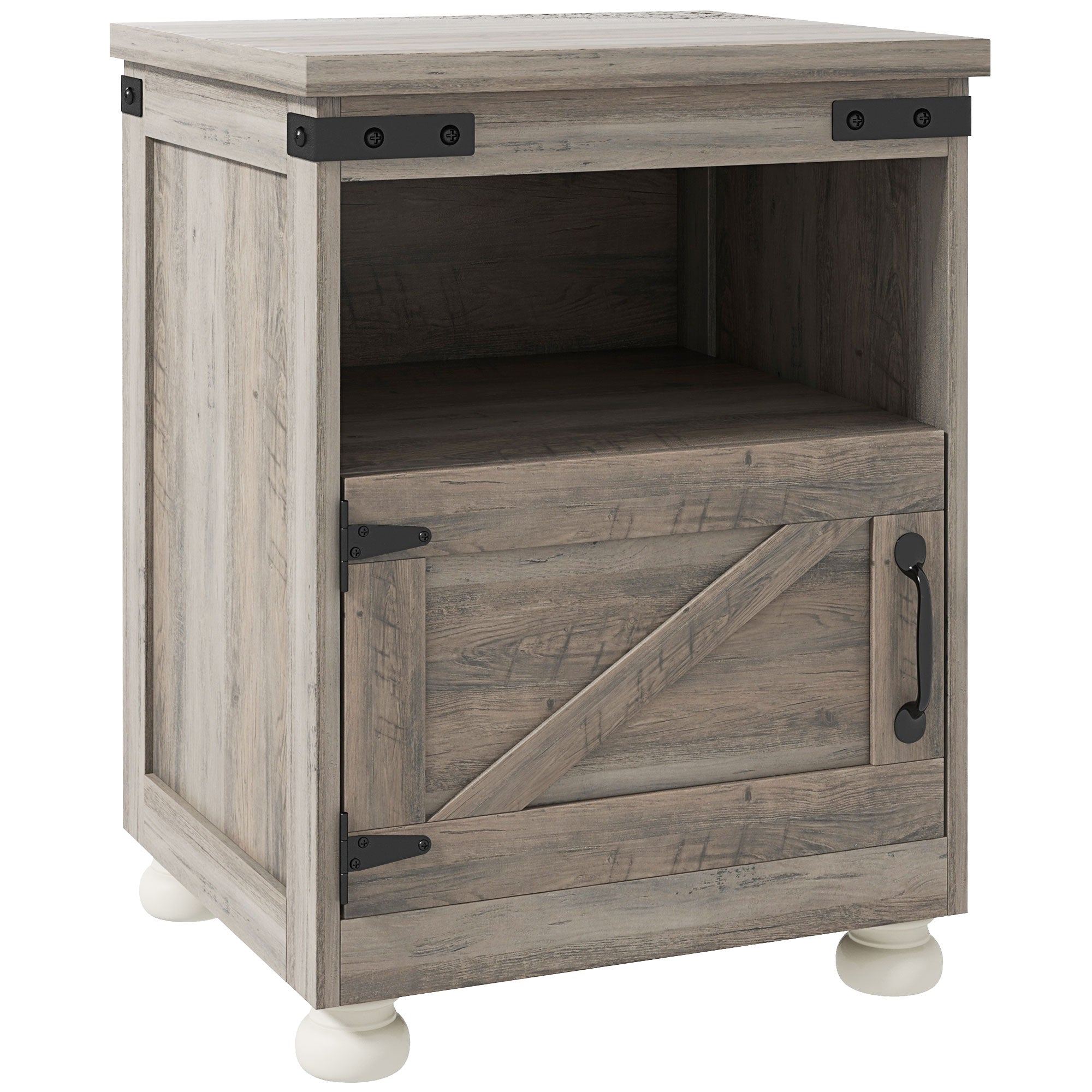 Side Table with Storage, End Table with Open Shelf, Cupboard and Wood Legs, Gray