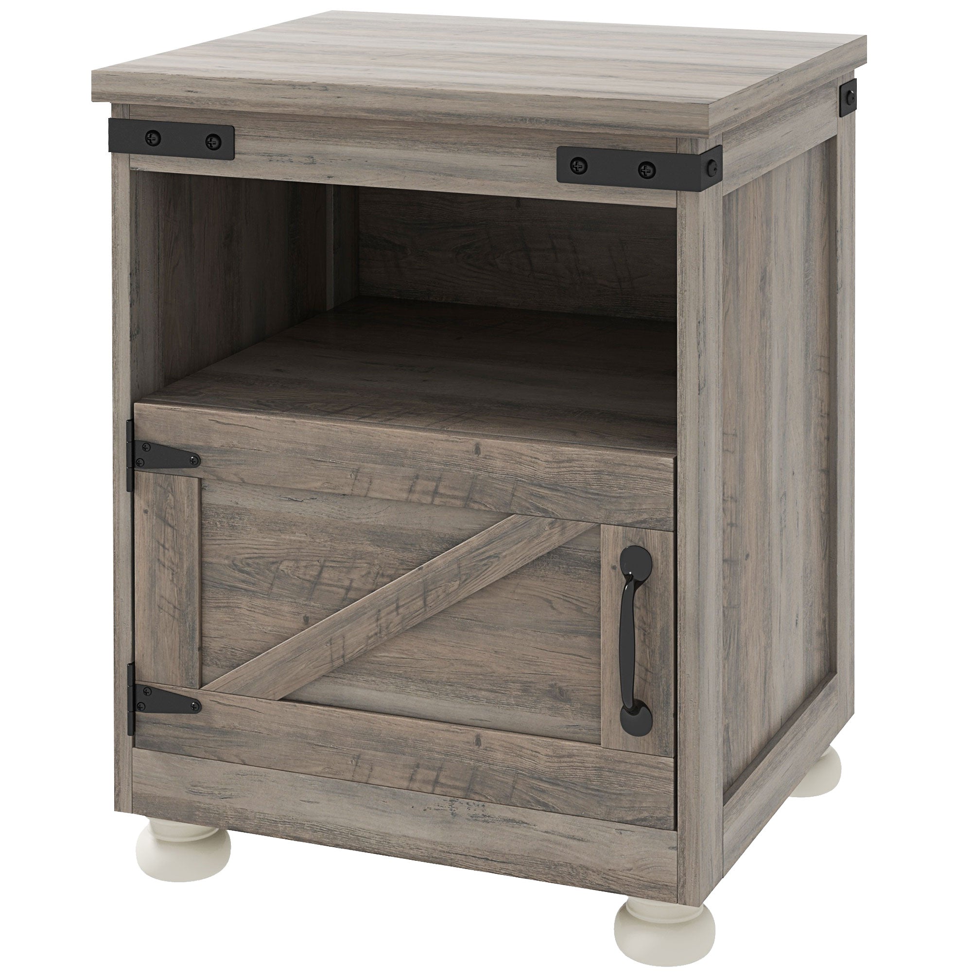 Side Table with Storage, End Table with Open Shelf, Cupboard and Wood Legs, Gray