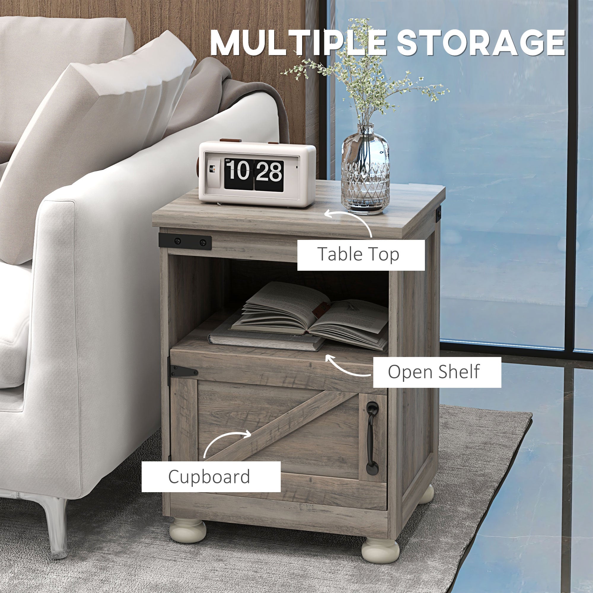 Side Table with Storage, End Table with Open Shelf, Cupboard and Wood Legs, Gray