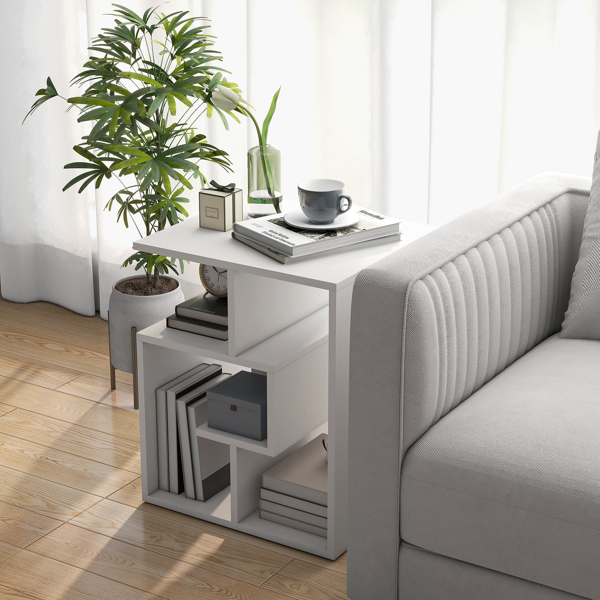 HOMCOM Side Table, 3 Tier End Table with Open Storage Shelves, Living Room Coffee Table Organiser Unit, White