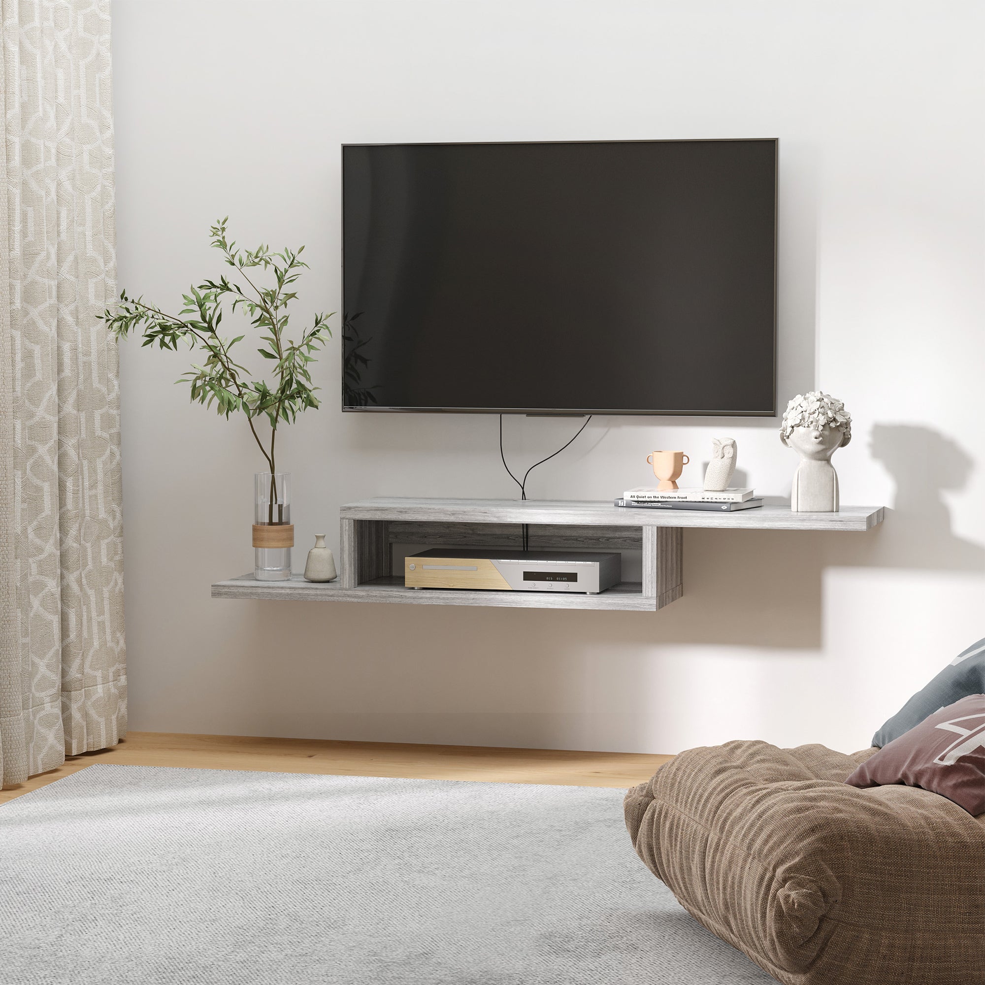 Wall Mounted Media Console Floating Stand Component Shelf Entertainment Center Unit Grey