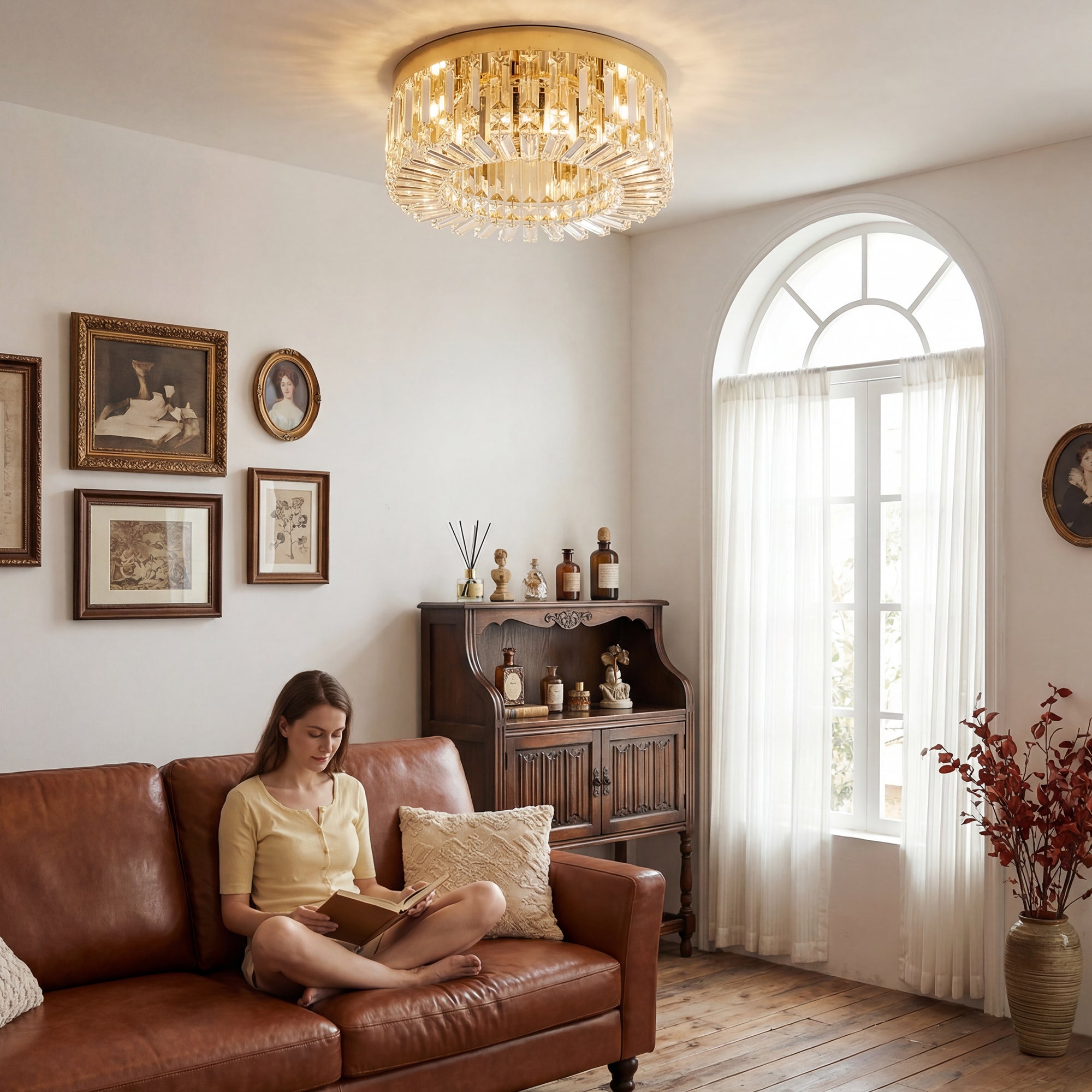 Crystal Chandeliers Ceiling Light with 160 Crystal Pendants, Modern 6-Light Flush Mount Ceiling Light for Living Room, Bedroom, Dining Room, Hall, Gold Tone