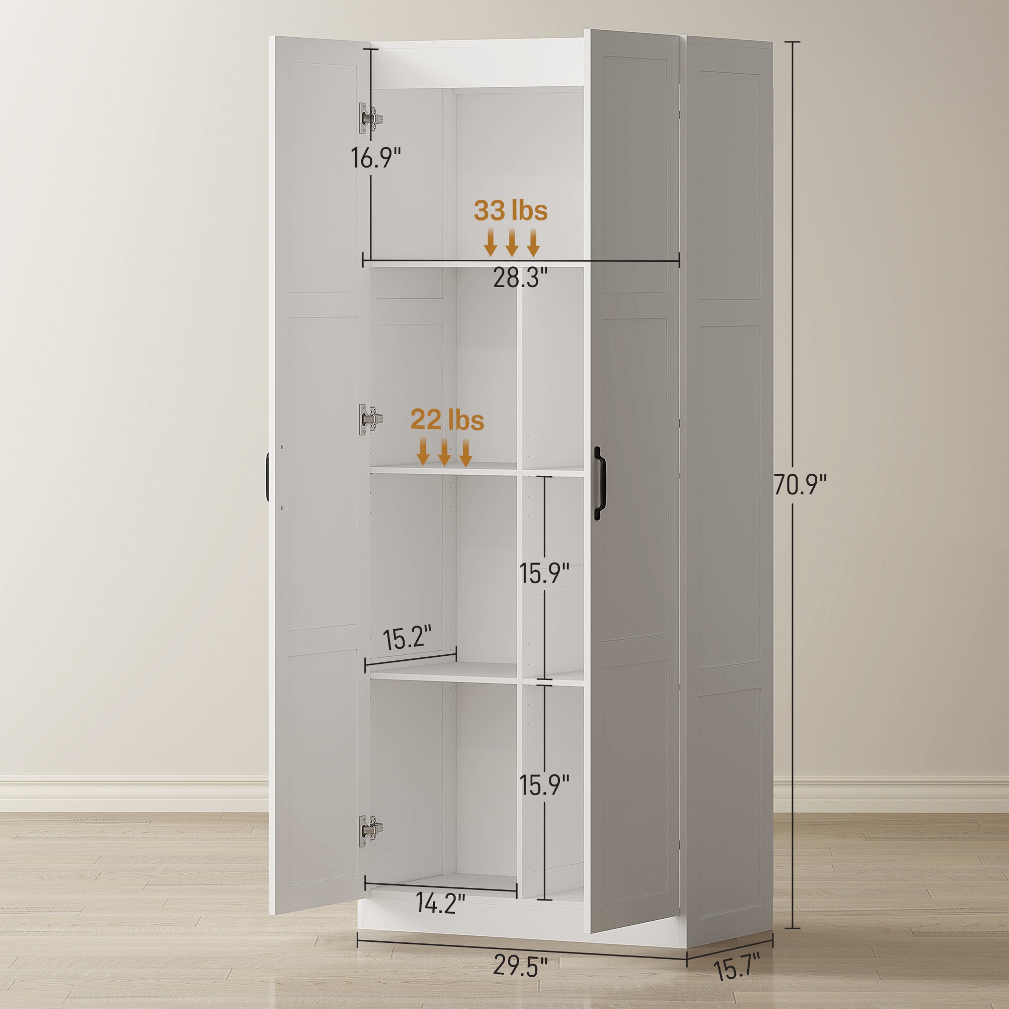 71" Tall Kitchen Pantry Cabinet with Soft-Close Hinges, Modern Farmhouse Freestanding Pantry Storage Cabinet with 2 Framed Doors, 4 Adjustable Shelves, White